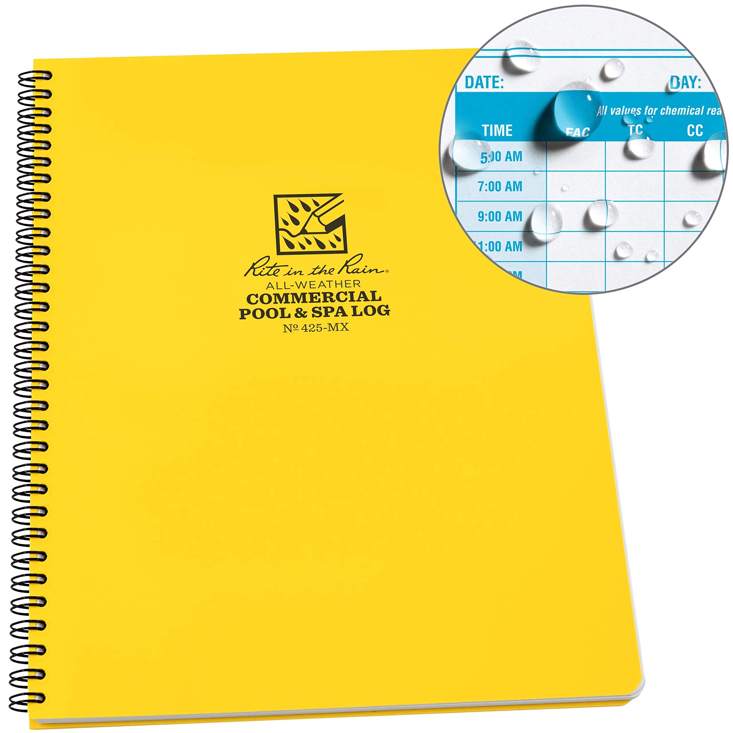 Rite In The Rain Weatherproof Side Spiral Notebook, 8.5' X 11', Yellow Cover, Commerical Pool & Spa Maintenance Log (No. 425-M