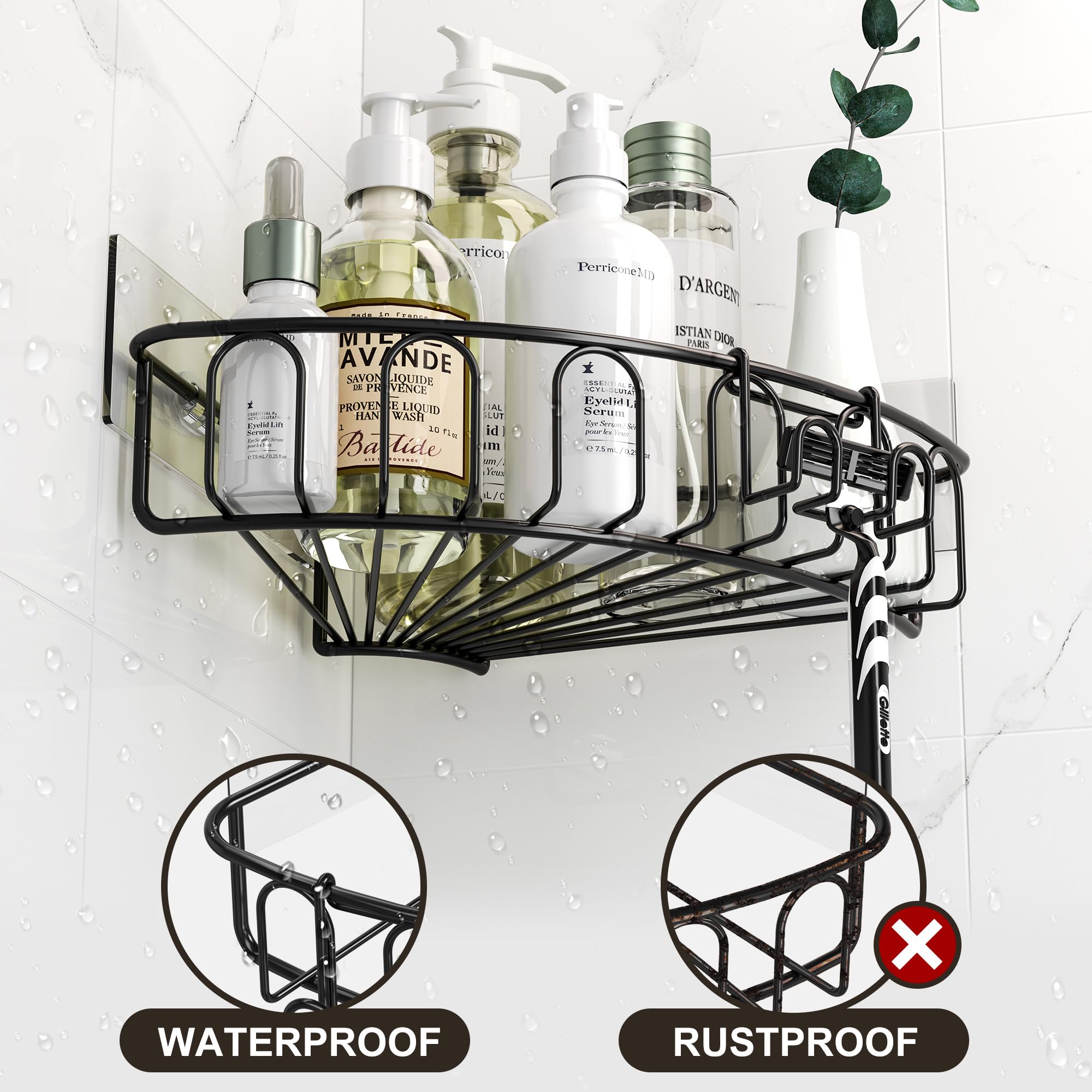 Orimade 2-Tier Corner Shower Caddy - Wall Mounted Metal Bathroom Shelf, Adhesive No Drilling, Matt Black, 2 Pack for 90-Degree Corner
