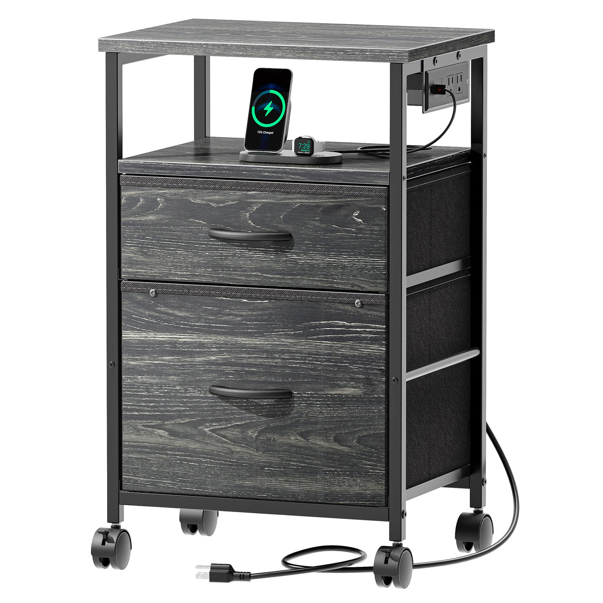 Huuger File Cabinet With Power Outlets, 2 Drawer Filing Cabinet, Printer Stand With Storage, Rolling File Cabinet With Lockable Wheels/Adjustable Feet, Open Shelf, Wood Top, Black
