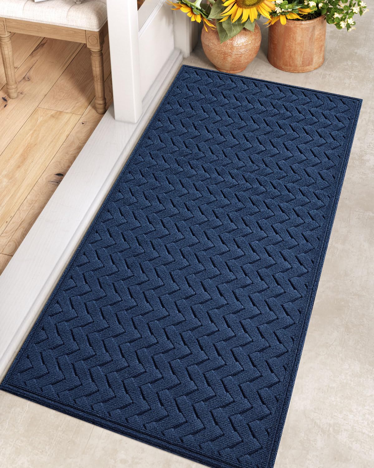 Dexi Front Door Mat Outdoor Entrance Doormat Heavy Duty Floor Rug, Waterproof Low-Profile, 24'X48', Wave Navy