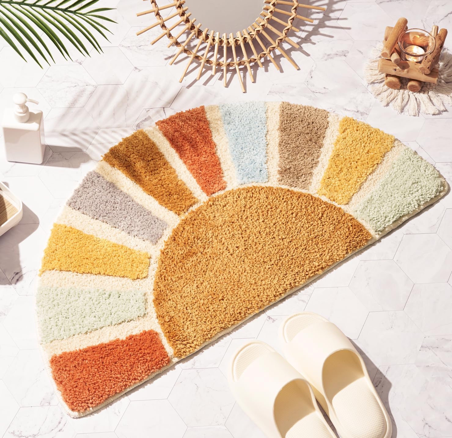 DyeFury Sunrise Boho Bathroom Rugs,Half Circle Bath Mat Cute,Sun Bath Mats,Retro Bohemian Home Bathroom Decor,Small Colorful Fun