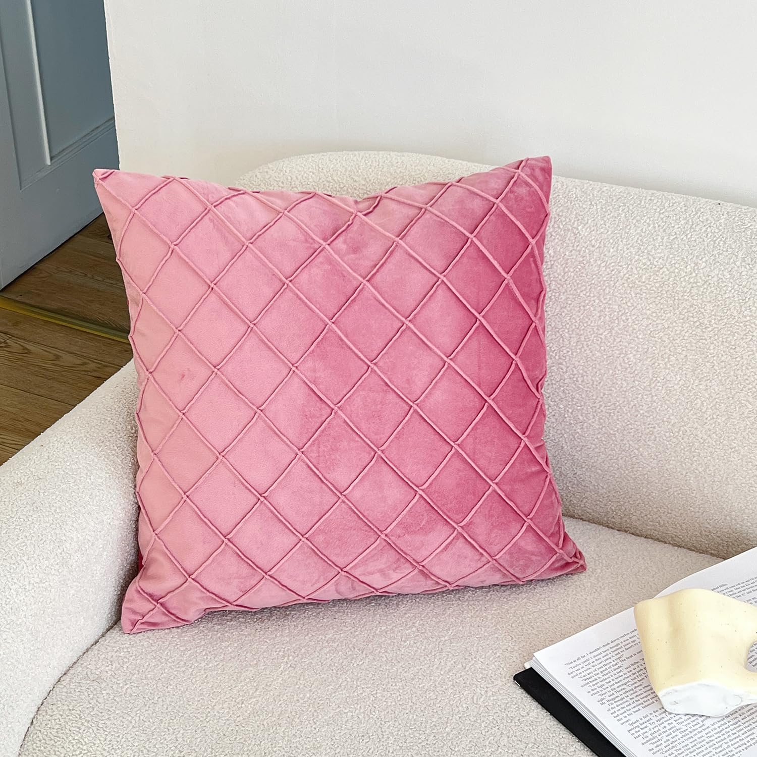 Plworld Dusty Rose Pink Throw Pillow Cover 20X20 Inch, Pleated Decorative Soild Square Cushion Case, Soft Velvet Textured Pillow