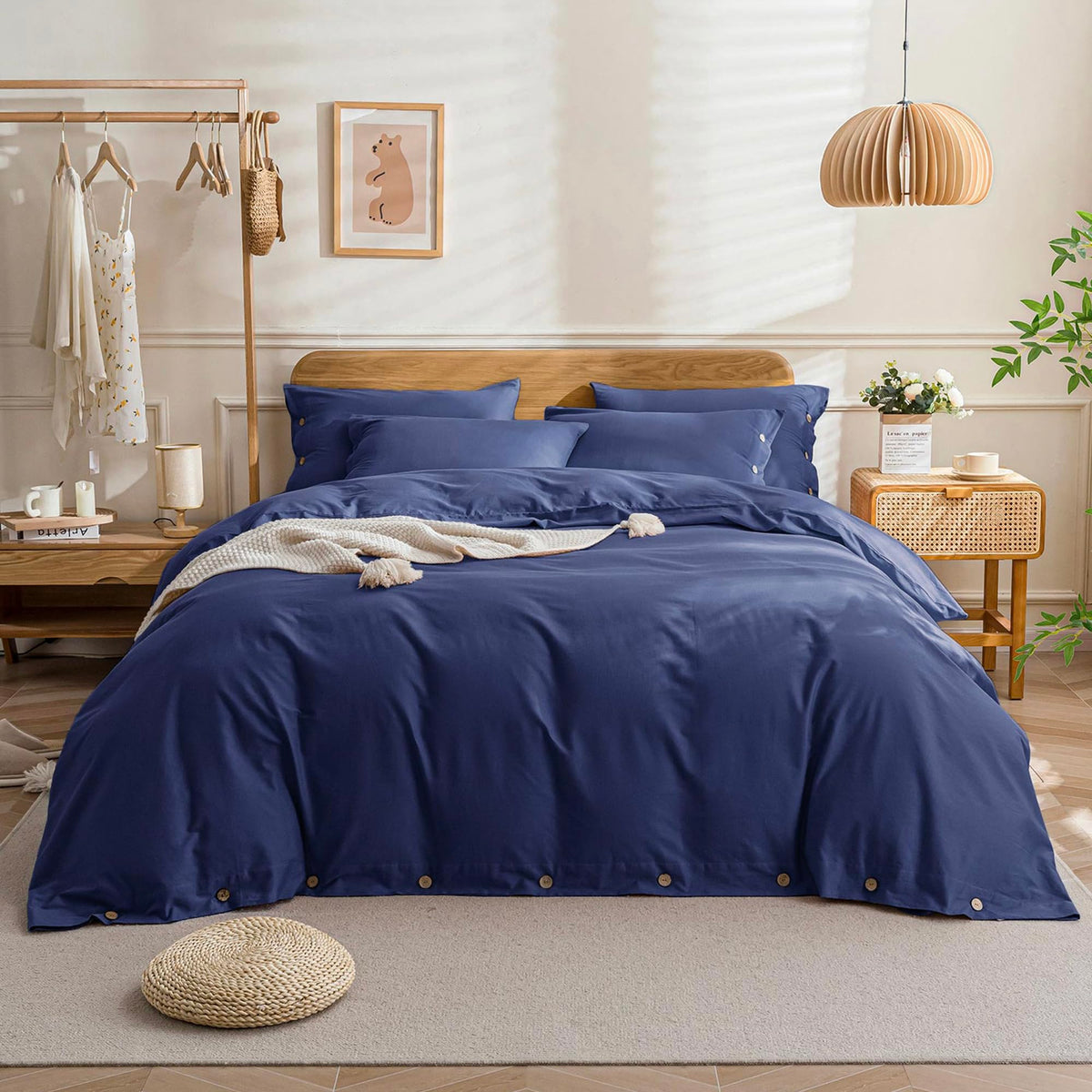 Jellymoni Navy Blue Duvet Cover California King - 100% Washed Cotton Linen Like Textured Comforter Cover, 3 Pieces Breathable So
