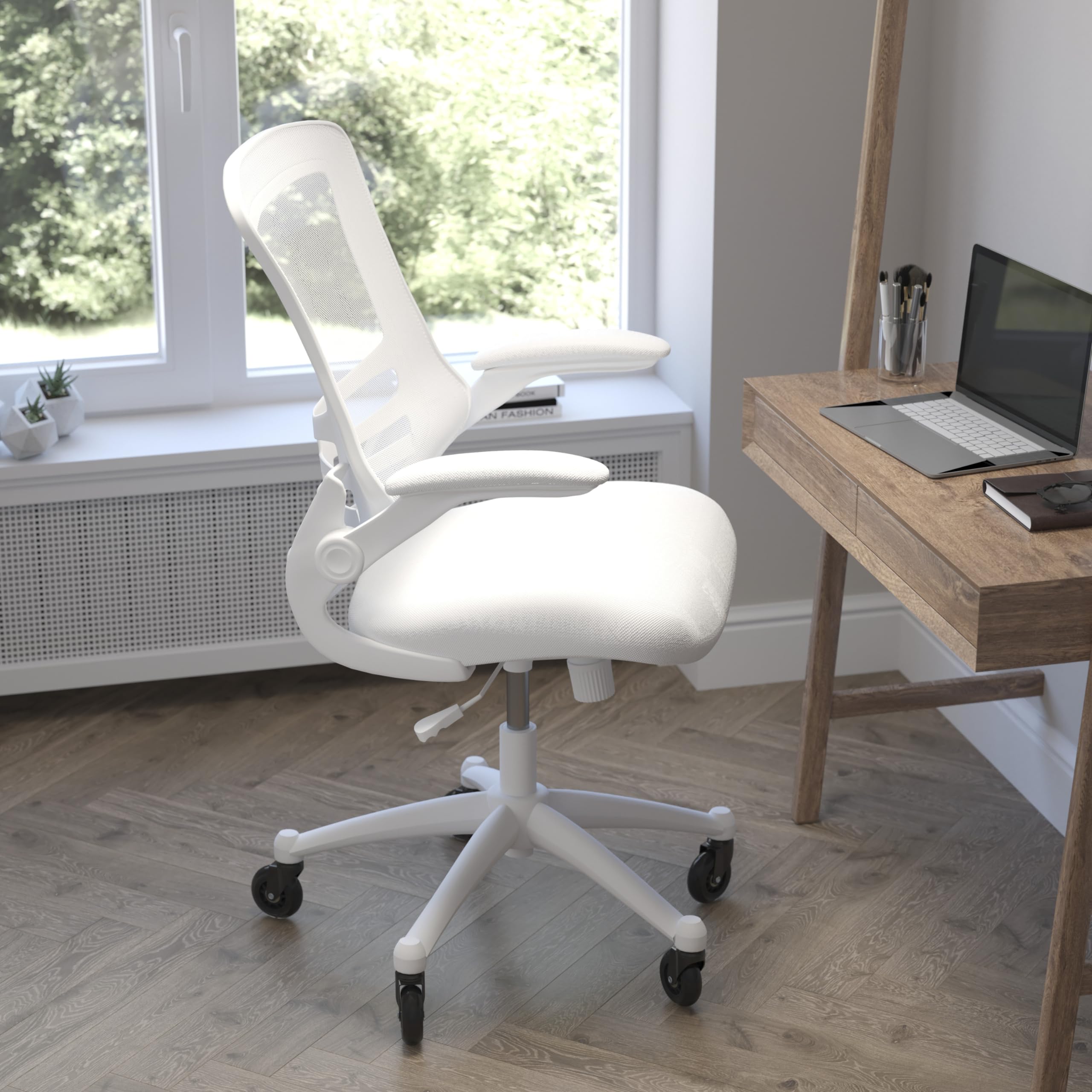 Flash Furniture Kelista Mid-Back White Mesh Swivel Ergonomic Task Office Chair With White Frame, Flip-Up Arms, And Transparent Roller Wheels