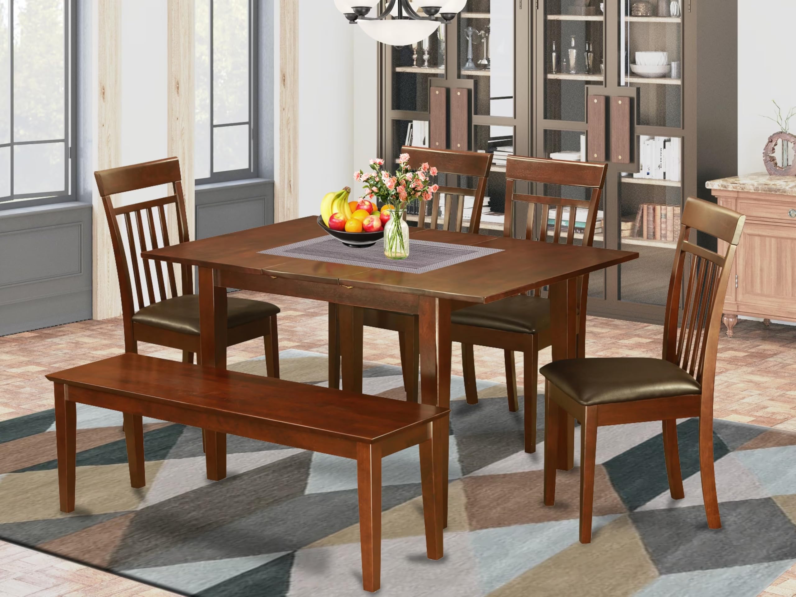East West Furniture PSCA6C-MAH-LC 6 Piece Modern Dining Table Set Contains a Rectangle Wooden Table with Butterfly Leaf and 4 Faux Leather Dining Chairs with a Bench, 32x60 Inch, Mahogany