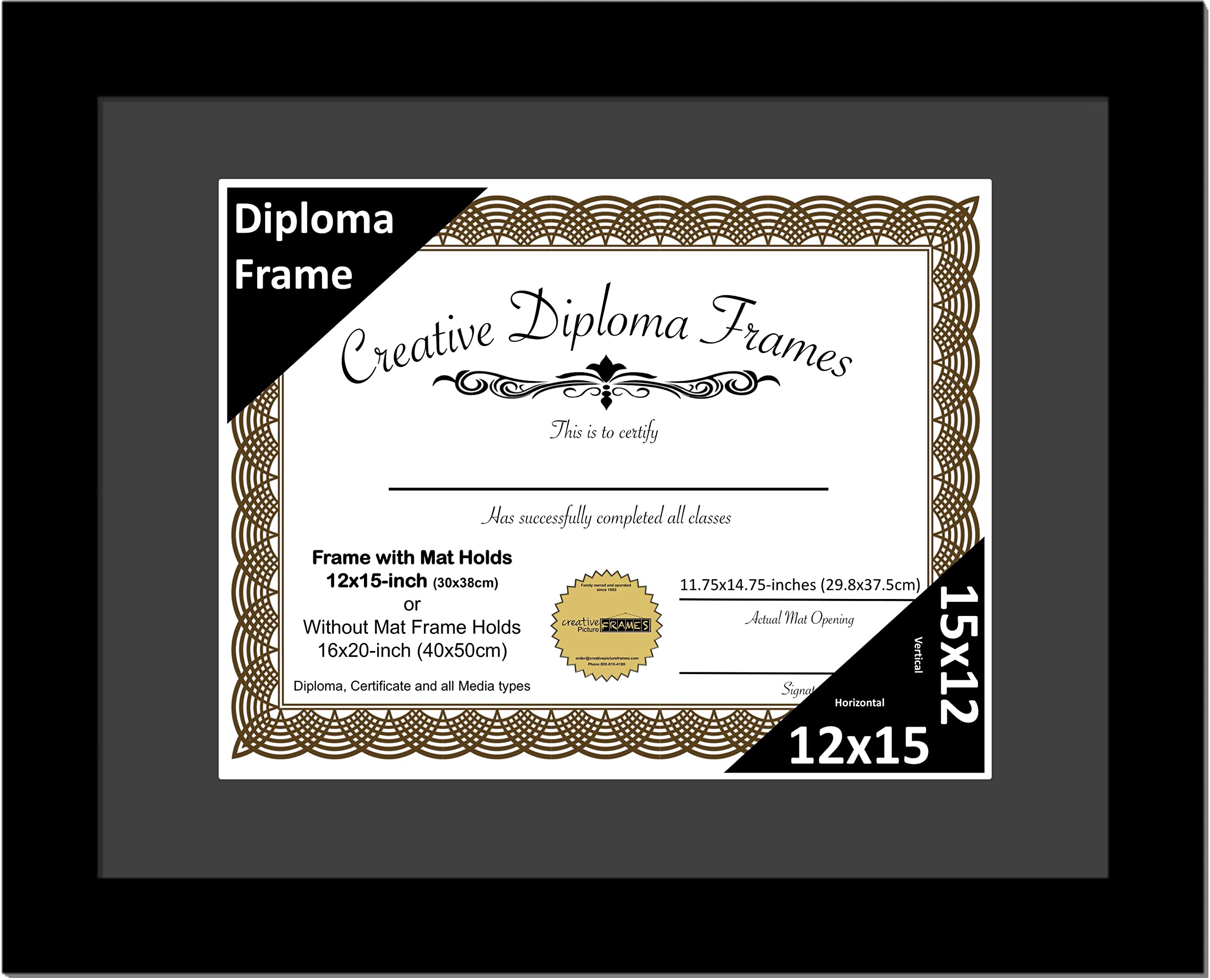 Creative Picture Frames 12x15 Classic Black Diploma Frame with Black Mat Glass Easel and Installed Wall Hangers | Frame Holds 16
