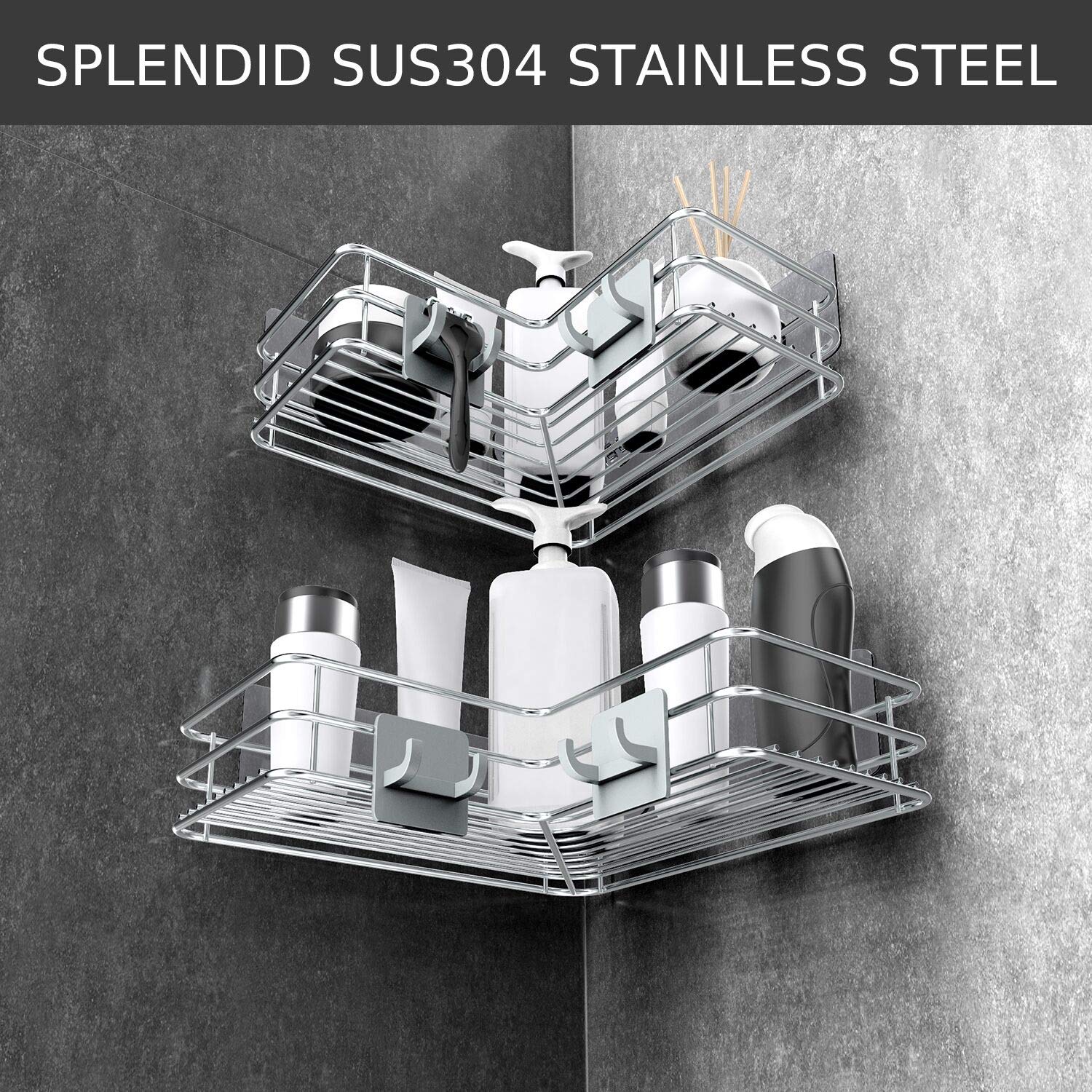 Nieifi Corner Shower Shelves Stainless Steel, Adhesive Shower Caddy Basket Rack With Hooks, Rust Proof For Bathroom Shelf Shampo