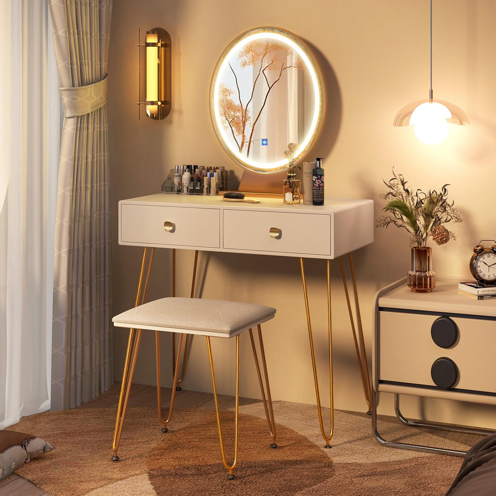 CHARMAID Makeup Vanity Table with Lighted Mirror, Vanity Desk with 2 Large Drawers, Adjustable 3 Lighting Modes, Modern Girls Be