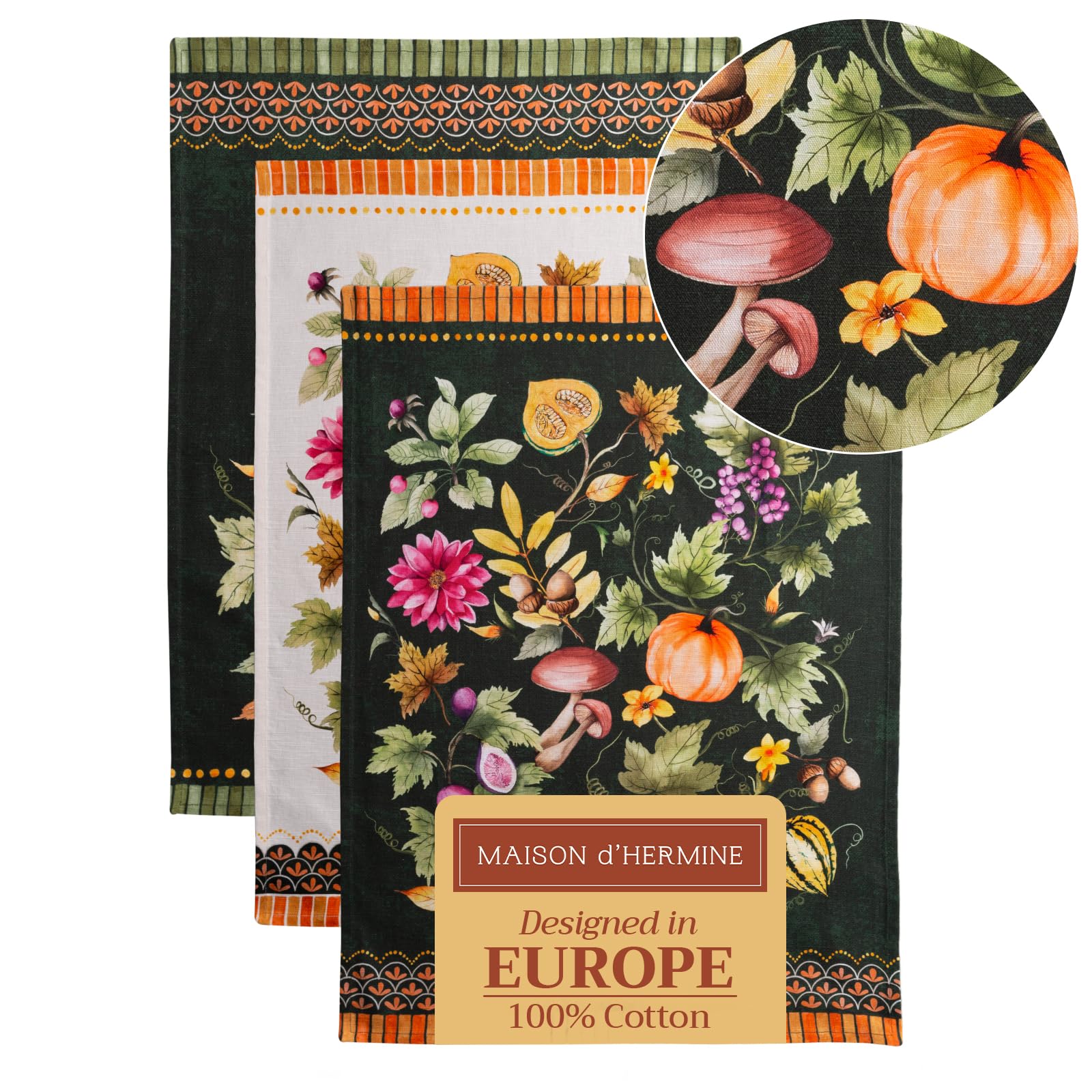 Maison d Hermine Dishcloth Set of 3, 100% Cotton Kitchen Towel for Gifts, Kitchen, Party, Wedding, Restaurant & Camping, Pumpki