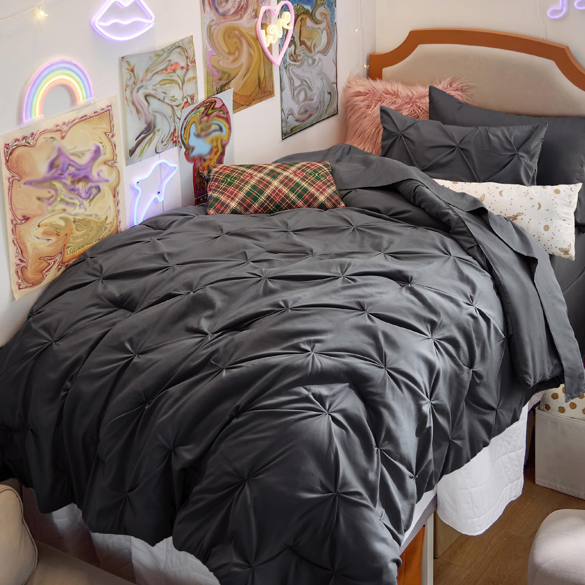 Bedsure Twin Comforter Set With Sheets - 5 Pieces Twin Bedding Sets, Pinch Pleat Dark Grey Twin Bed In A Bag With Comforter, She