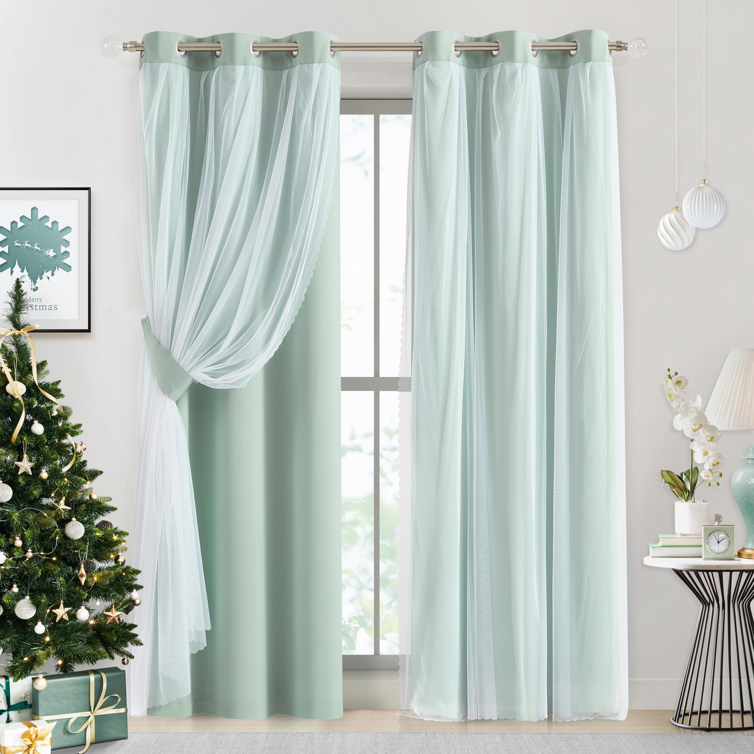 Bujasso Aqua 80% Blackout Curtains With Sheer Overlay Mix And Match Double Layer Thermal Insulated Window Panels 95 Inch For Liv