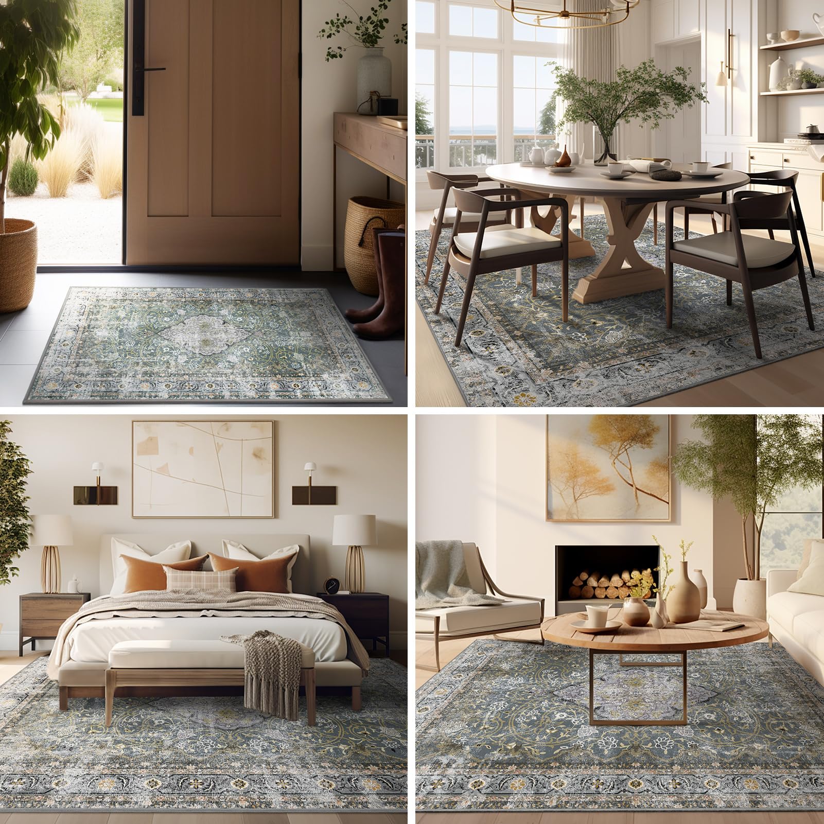 Ashler Boho Rug, 5X7 Area Rugs, Vintage Rugs, Large Area Rug, Rugs For Living Room, Bedroom, Kitchen, Dinner, Grey Cya/Earthy Ye