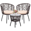 Kromax Boho 3 Piece Bistro Set, Modern Outdoor Wicker Patio Furniture With Tempered Glass Table Top And 2 Chairs, Washable Cushions, Brown Rattan And Begie Cushion