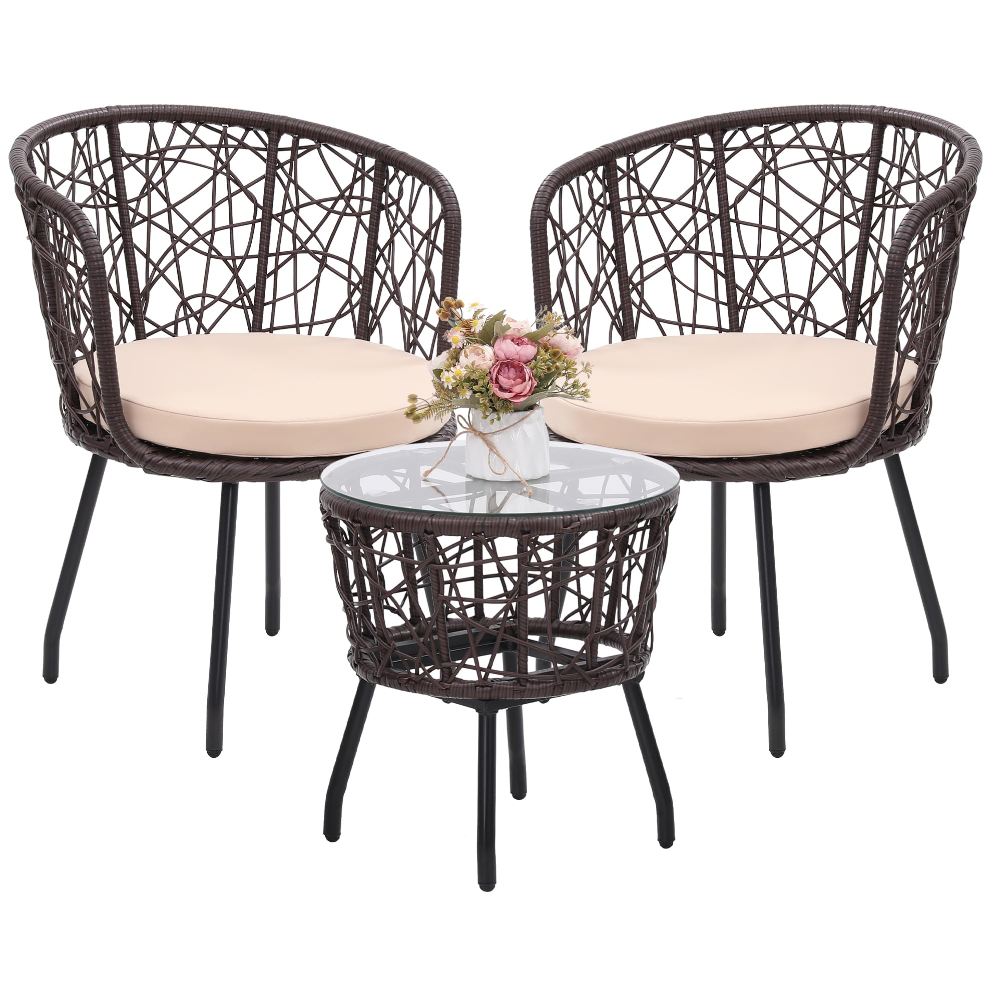Kromax Boho 3 Piece Bistro Set, Modern Outdoor Wicker Patio Furniture With Tempered Glass Table Top And 2 Chairs, Washable Cushions, Brown Rattan And Begie Cushion