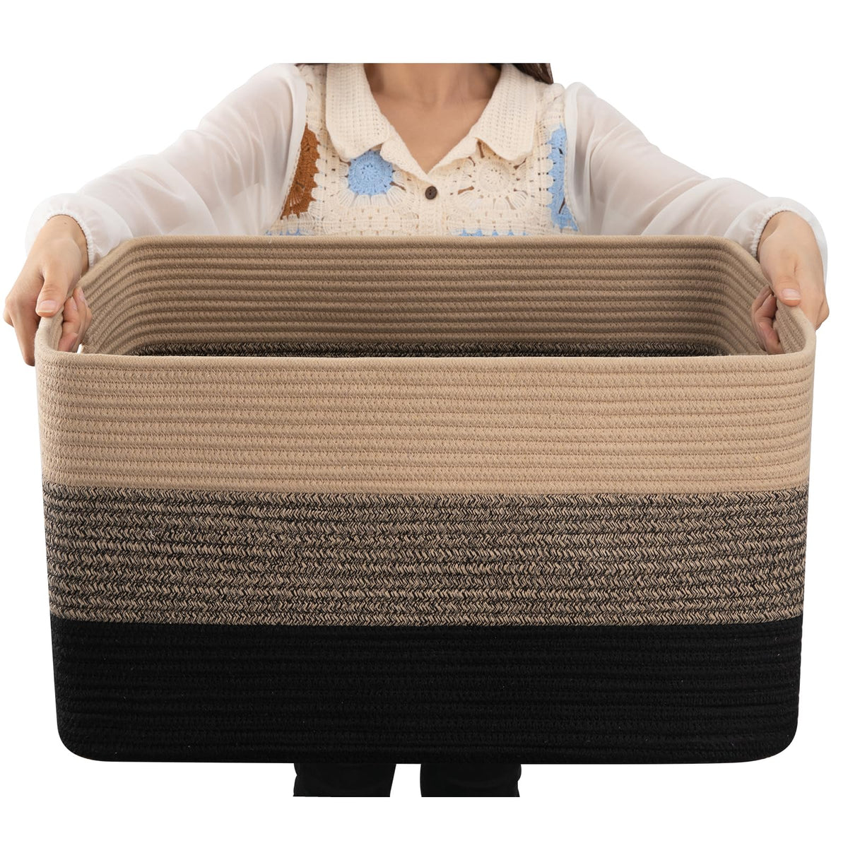 Oiahomy Large Blanket Basket, Rectangle Woven Baskets For Storage, Nursery Blanket Basket Living Room, Toy Basket With Handle, Large Baskets For Organizing-22”X17”X12”-Yellow Black