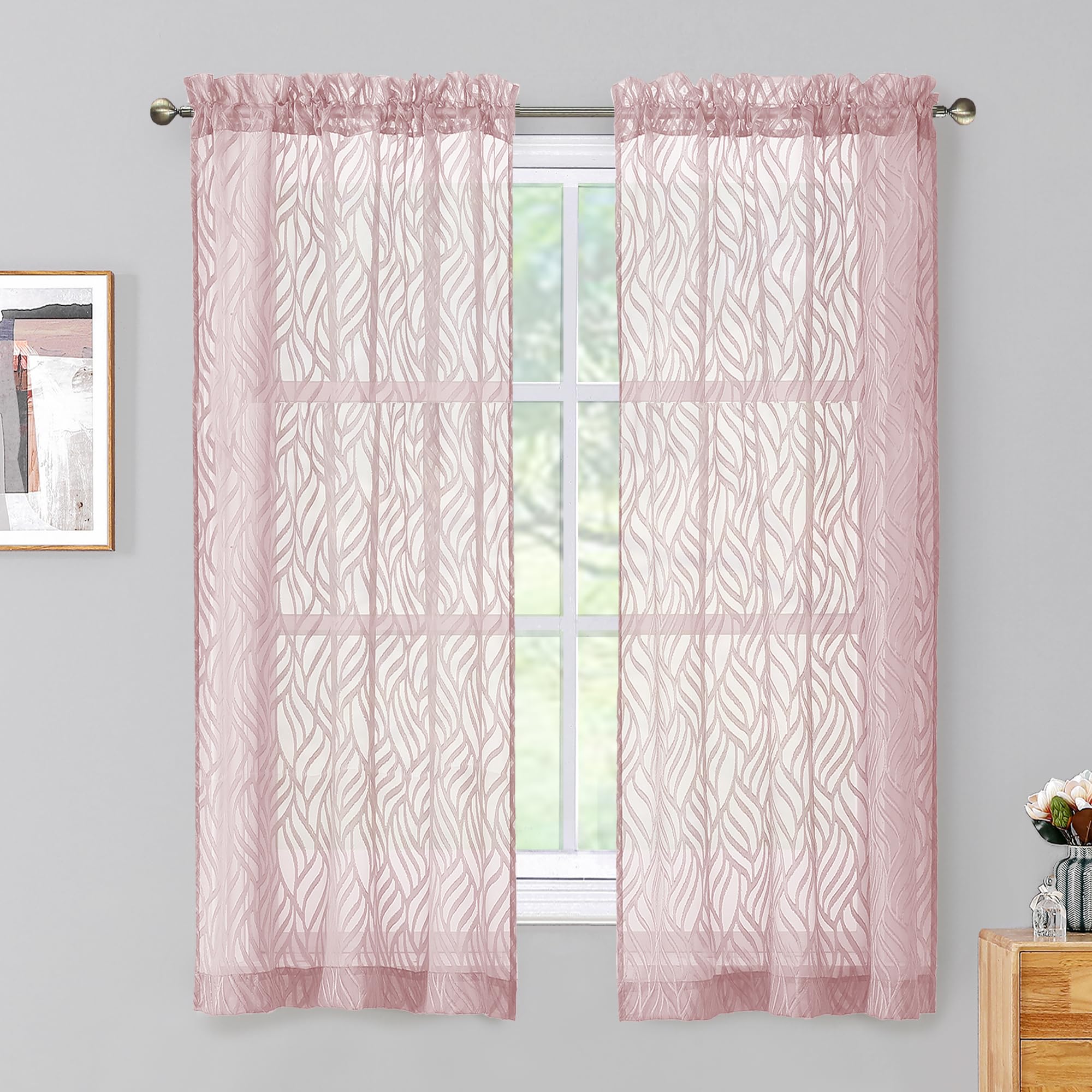Chyhomenyc Marilyn Blush Pink Sheer Curtains 63 Inch Length 2 Panels, Light Filtering Soft Airy Voile 3D Leaf Clip Jacquard Text