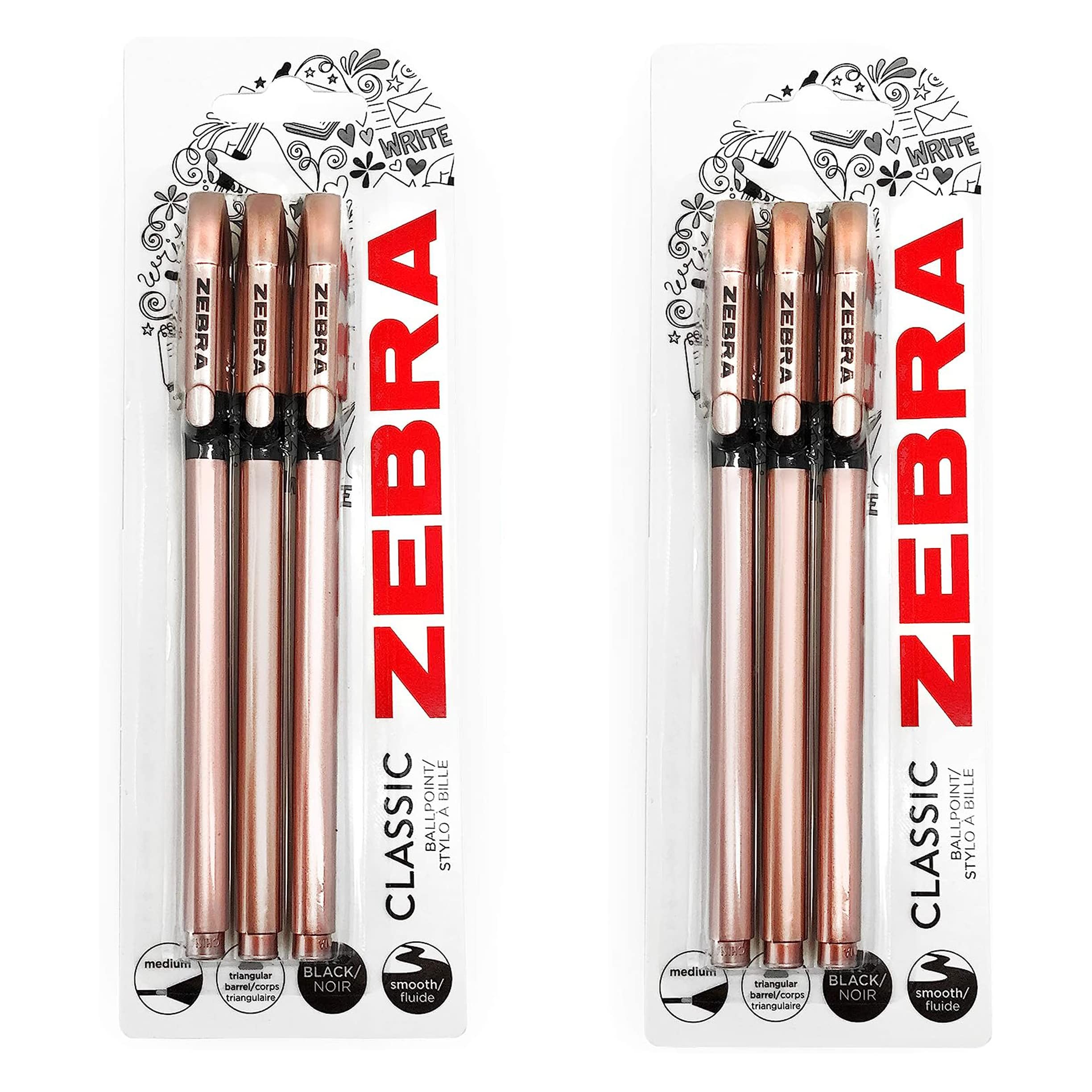 Zebra Classic Ballpoint Pen - 1.0Mm - Rose Gold Barrel - Black Ink - 2 X Blister Pack Of 3-6 Pens