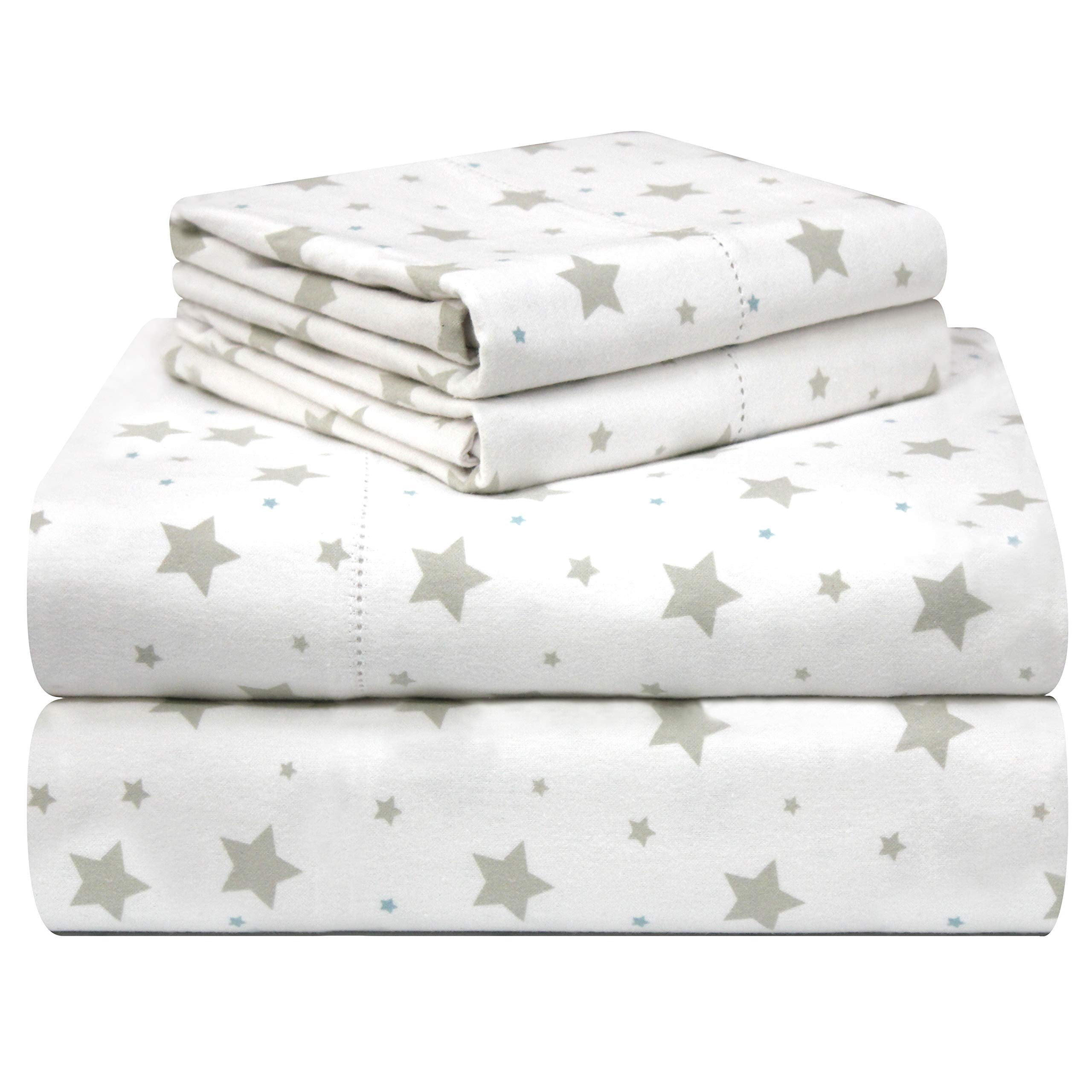 Pointehaven 180 Gsm Velvet Feel Luxury 100% Cotton Printed Flannel Sheet Set, Queen, Stars - Warm & Cozy - Pre-Shrunk -Deep Pock
