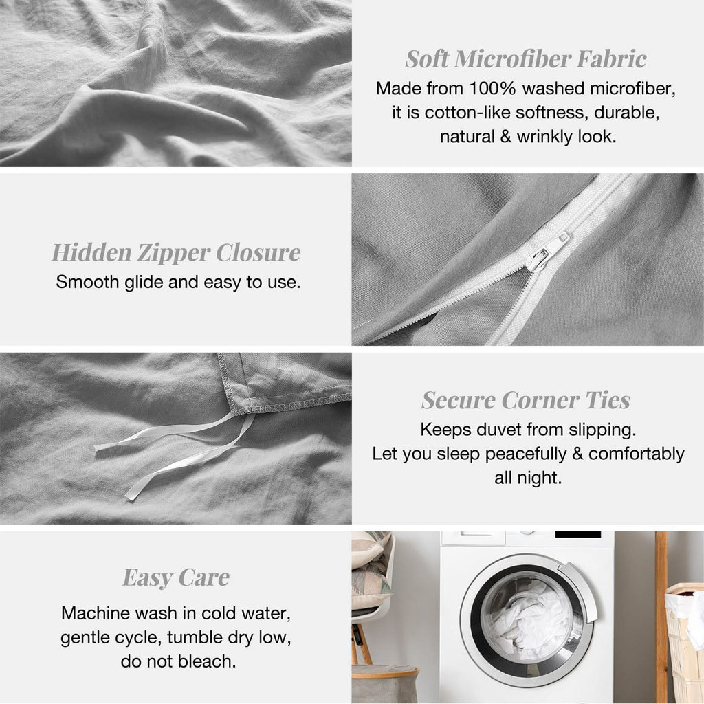 Mildly Super Soft Duvet Cover - 100% Washed Microfiber Light Grey Comforter Cover Set 3 Pieces With Zipper Closure & Corner Ties