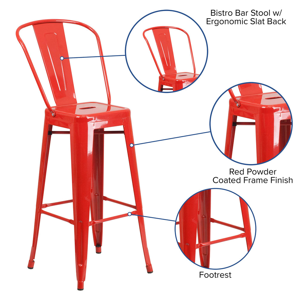Flash Furniture Commercial Grade 30" High Red Metal Indoor-Outdoor Barstool with Removable Back