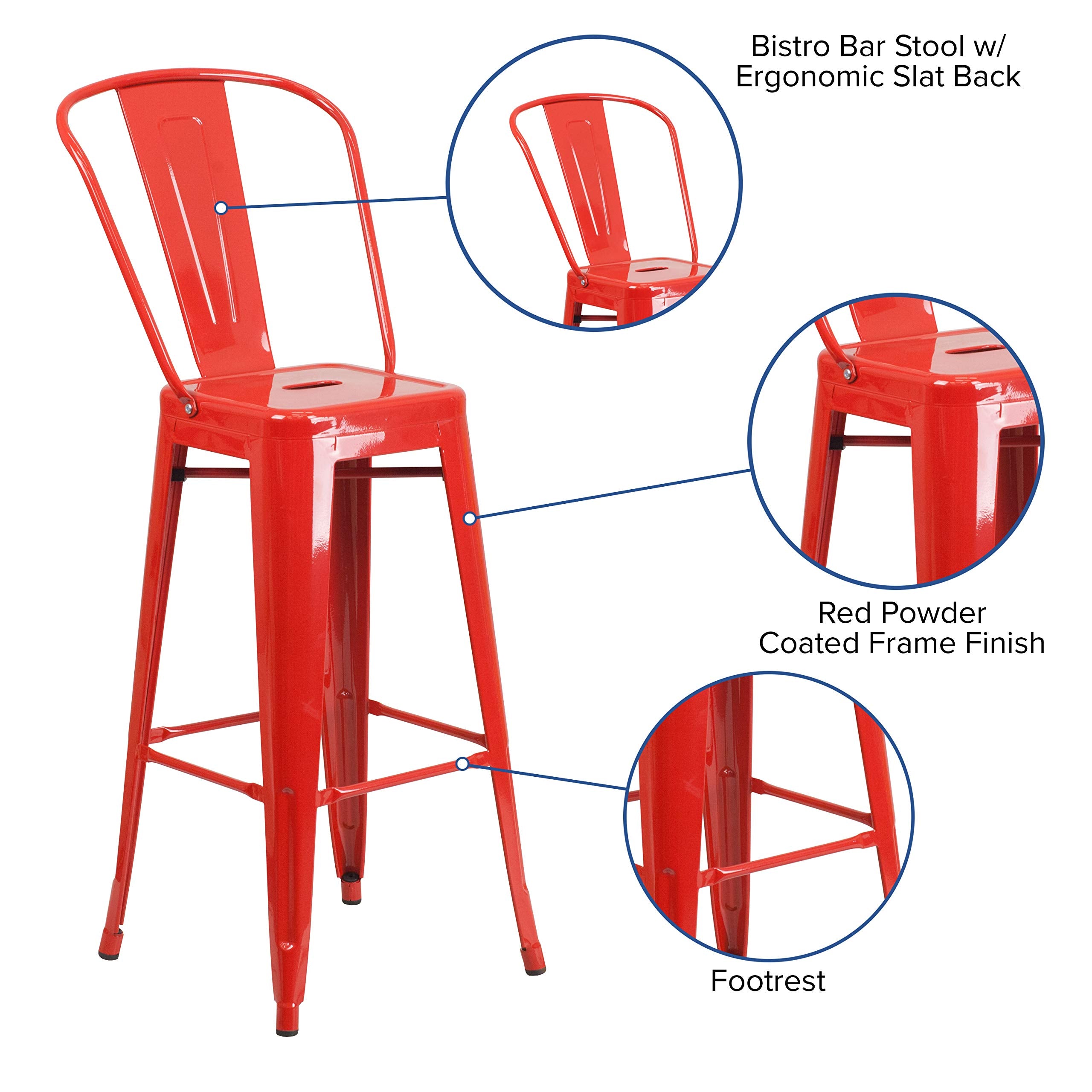 Flash Furniture Commercial Grade 30" High Red Metal Indoor-Outdoor Barstool with Removable Back
