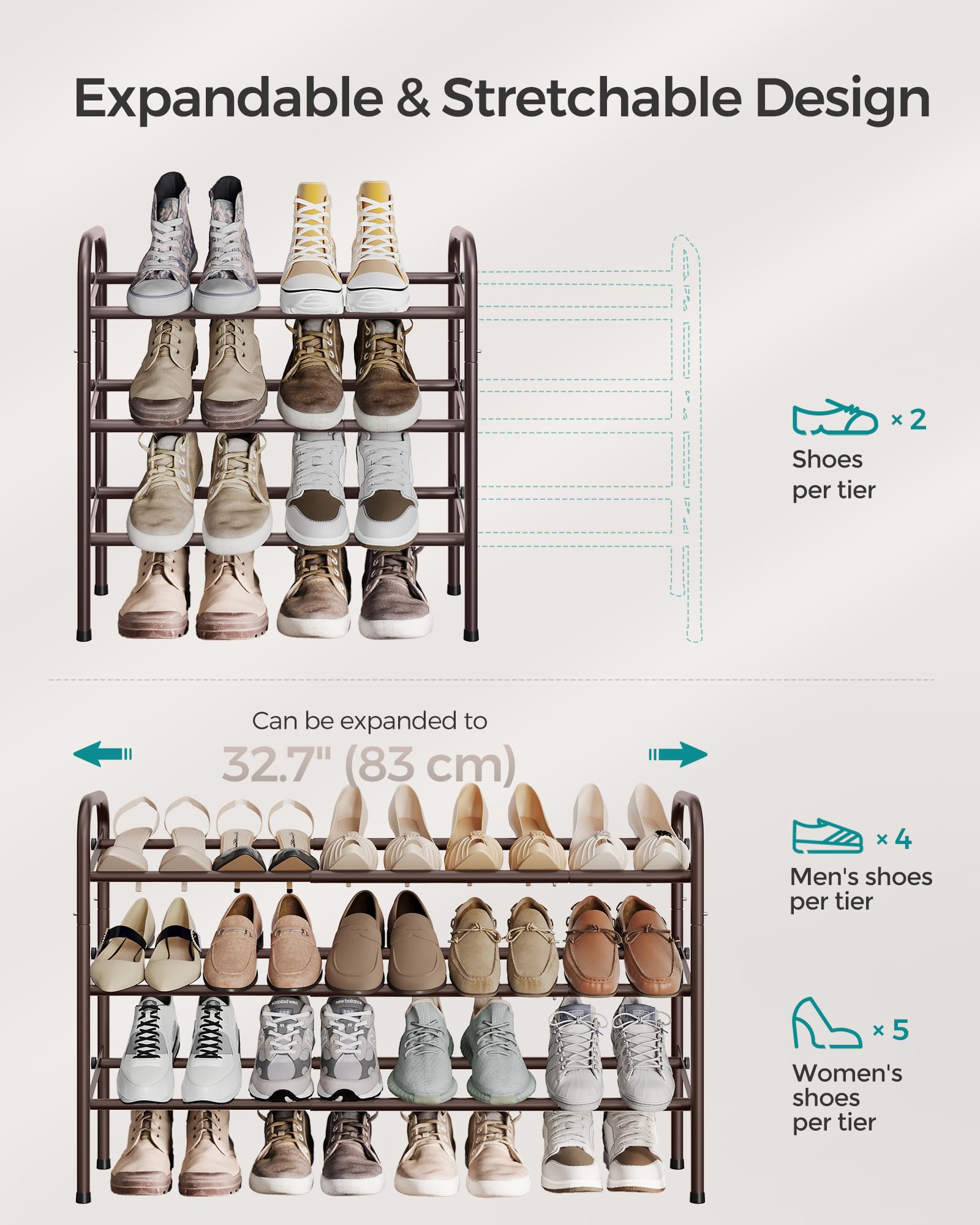 Songmics Expandable Shoe Rack, 3 Tier Shoe Rack Shelf, Adjustable Shoe Organizer Storage For 20 Pairs Of Shoes, Metal Free Standing Shoe Racks For Closet, Front Door Entryway, Easy Assembly, Bronze