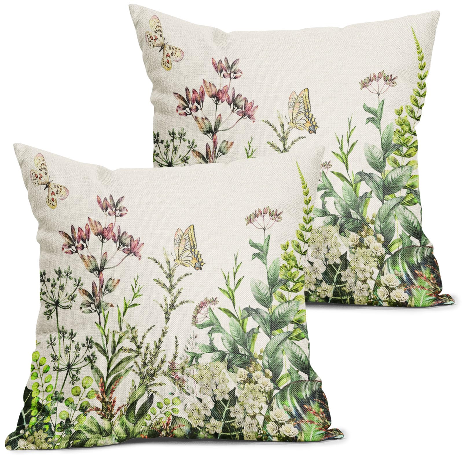 Kawani Spring Summer Green Floral Pillow Covers 18X18 Inch Wild Flowers Butterfly Leaves Decorative Pillow Cases Set Of 2 Season