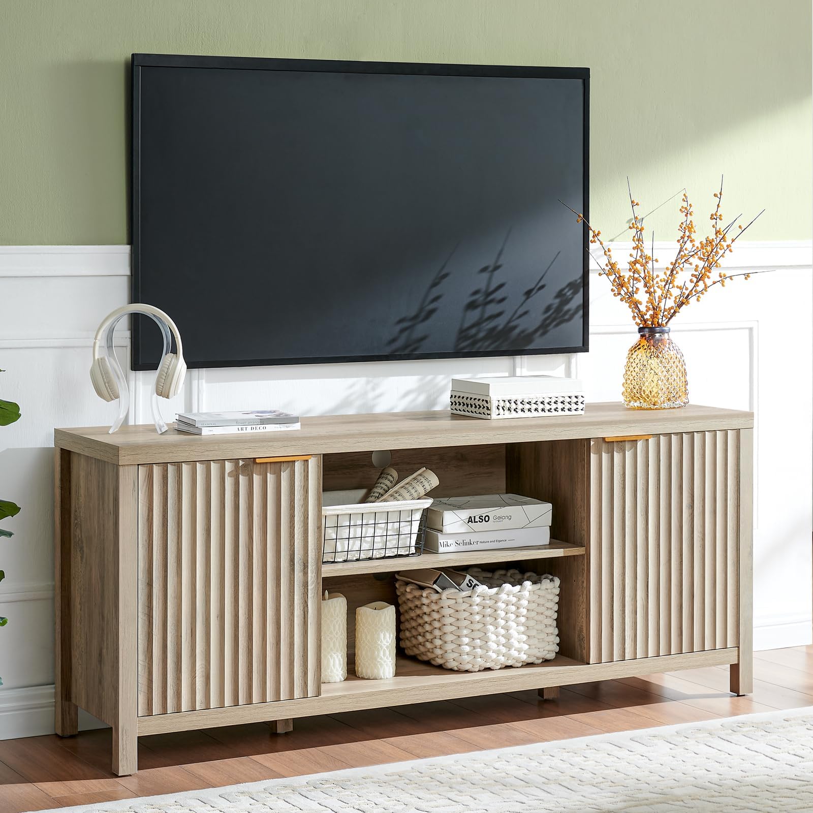 OAKHAM HOME Fluted TV Stands for Living Room, Heavy Duty Entertainment Center with Storage, Mid Century Modern Television Stands
