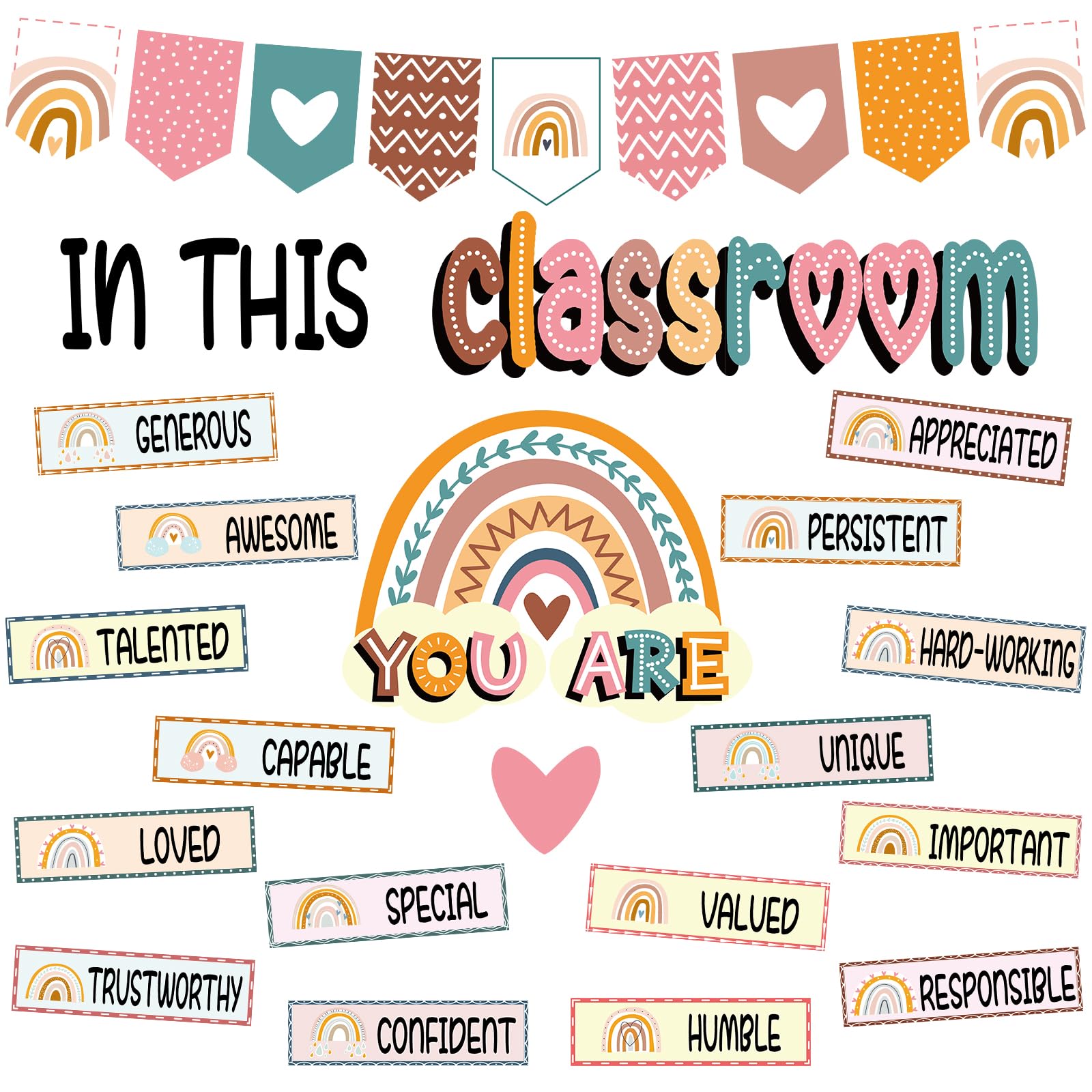 32Pcs Classroom Bulletin Board Decorations Set - Boho Rainbow Motivational Words Cutouts Bulletin Decorations For Teachers Schoo
