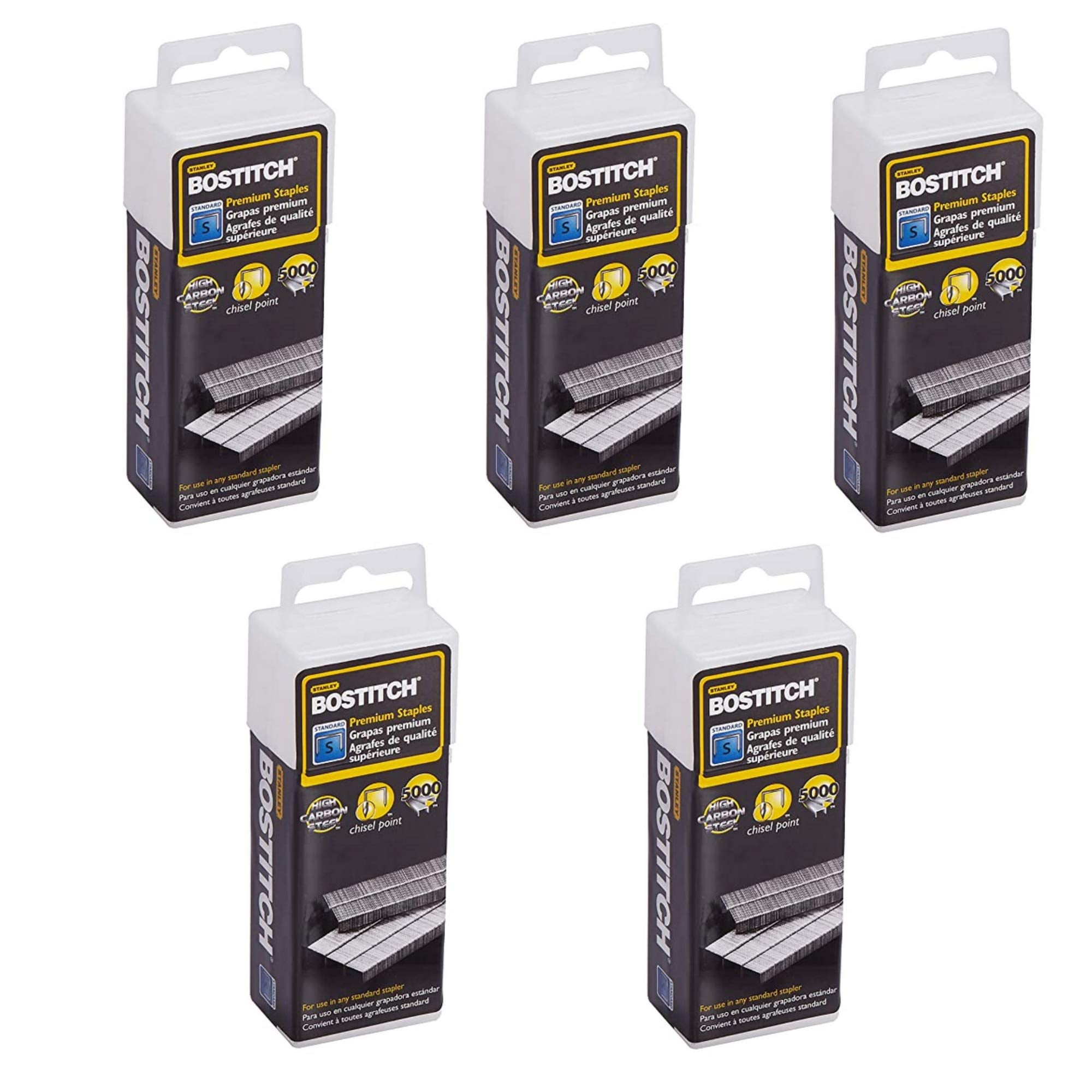Bostitch Office Premium Standard Staples In Clear Plastic Box, 1/4 Inch Leg, 5,000 Per Box (Sb10), 5 Pack, Total 25,000 Staples