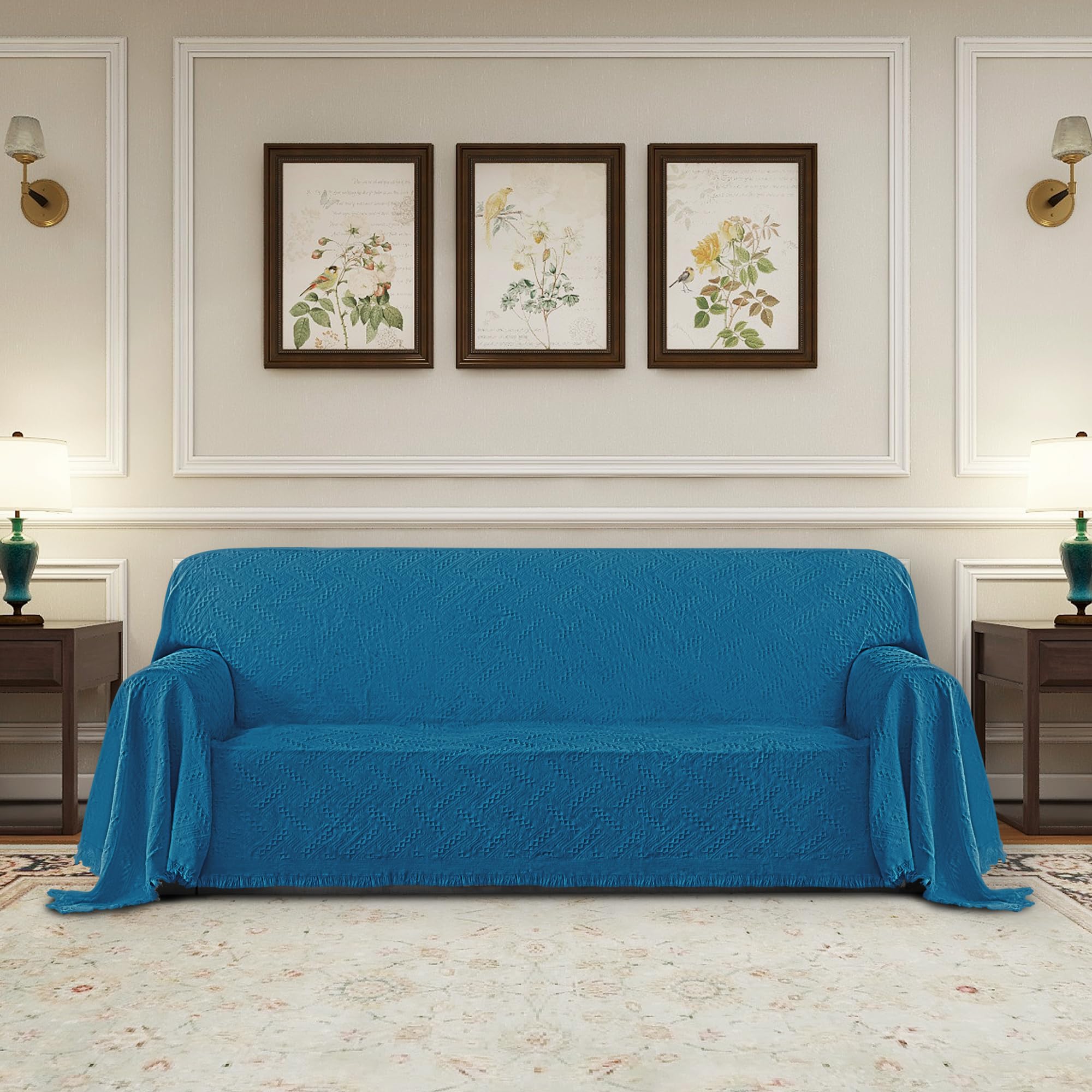 Purefit Geometric Jacquard Throw Sofa Cover - Textured Soft Washable Decorative Couch Covers For 3 Cushion Couch, Throw Cover With Tassels Furniture Protector For Pets, Kids (Large, Peacock Blue)