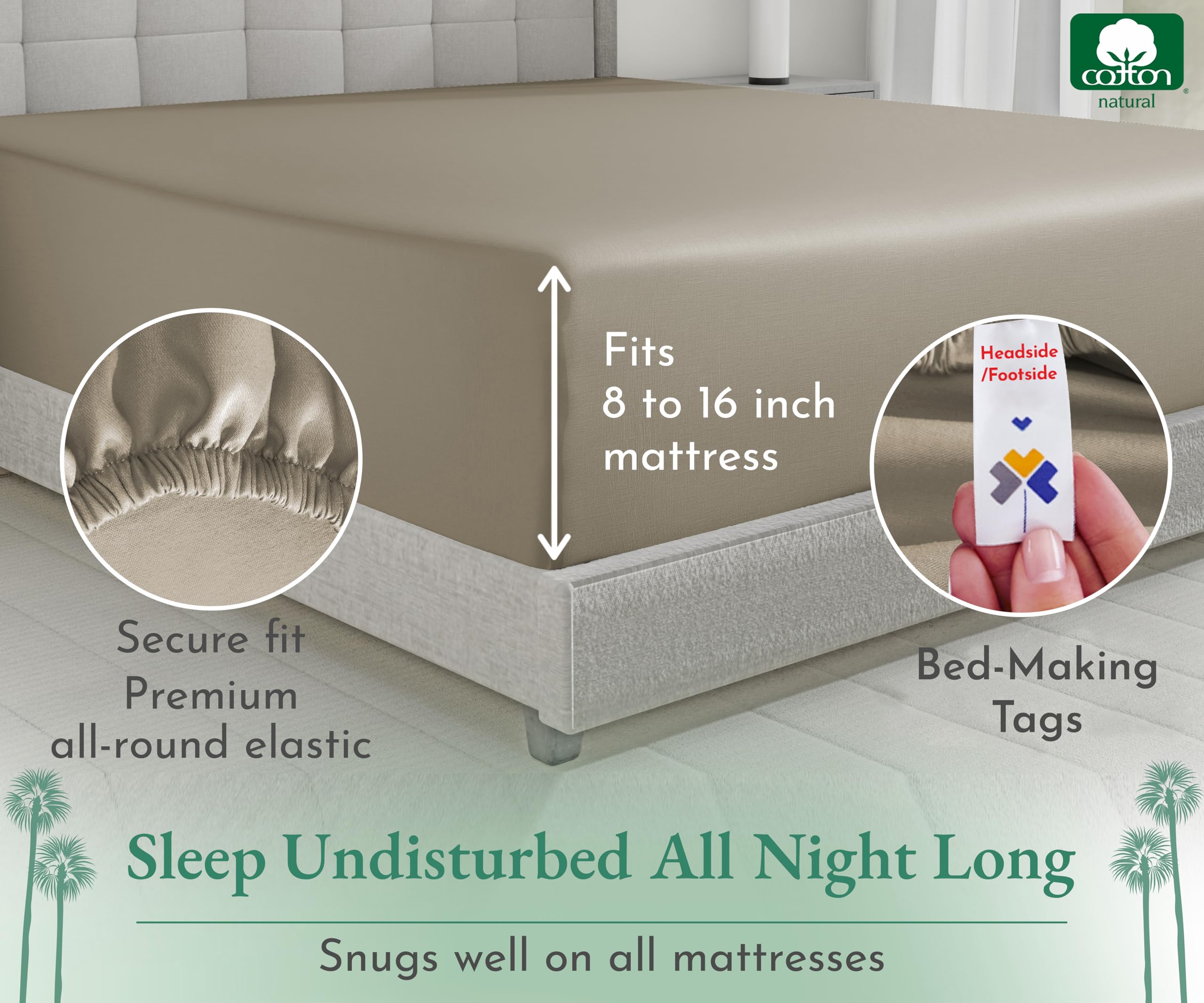 California Design Den Luxurious King Size Fitted Sheet Only - 100% Cotton, 600 Thread Count, Soft Deep Pocket Bottom Fitted Sheet, Sateen Weave, Hotel Quality, Featuring Foot Side Indicator - Taupe