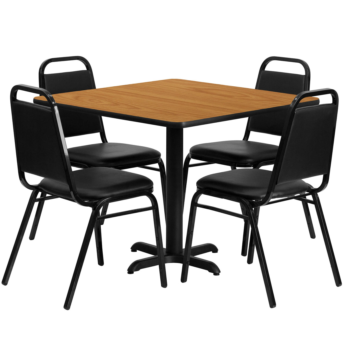 Flash Furniture Carlton 36'' Square Natural Laminate Table Set with X-Base and 4 Black Trapezoidal Back Banquet Chairs