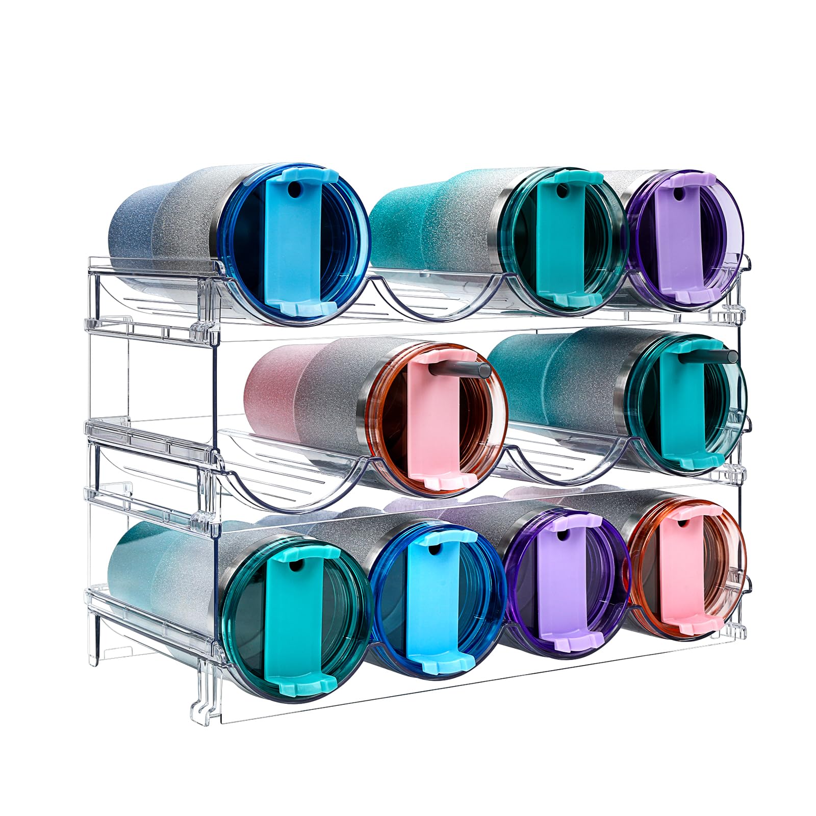 Iroonn Stackable Water Bottle Storage Rack, 3 Tier Holder For Kitchen Pantry, Tumbler Travel Mug Cup Organizer, Holds 12 Bottles