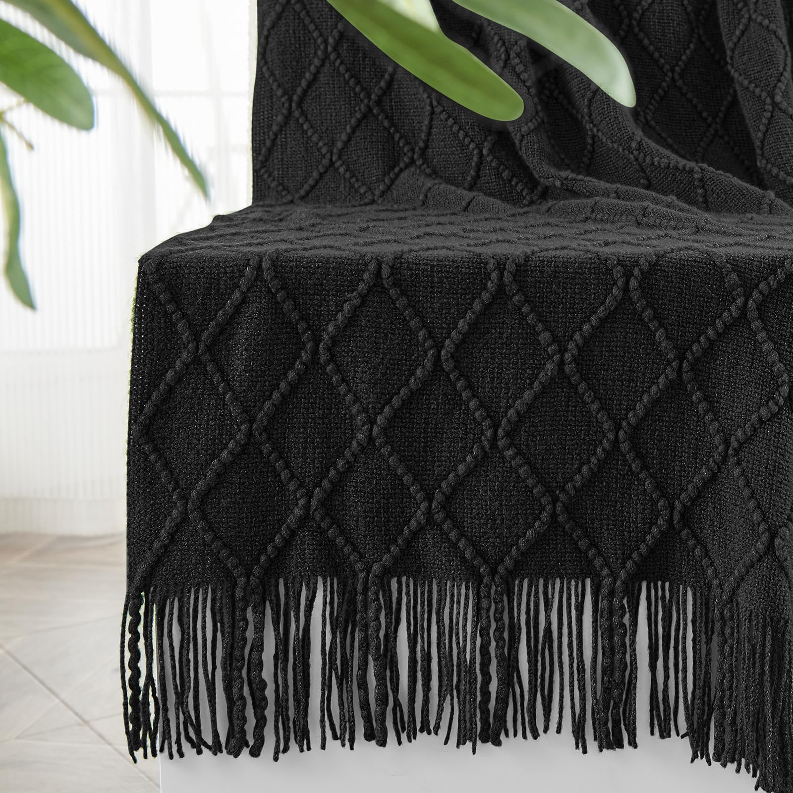 Inhand Knitted Throw Blankets For Couch And Bed, Soft Cozy Knit Blanket With Tassel, Black Lightweight Decorative Blankets And T