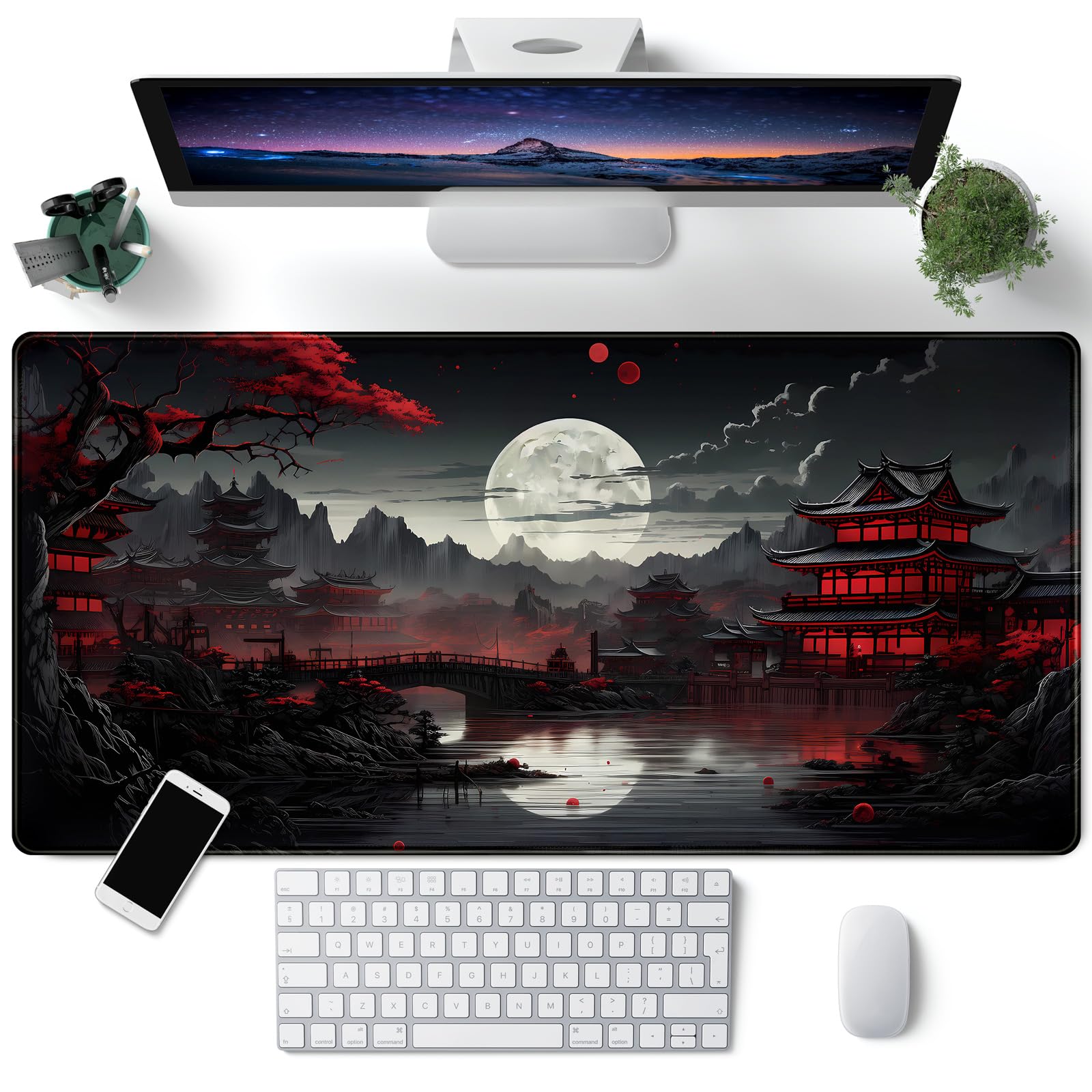 Japanese Desk Mat Riverside Full Moon Desk Pad Black Red Large Mouse Pad Gaming Mousepad Extended Xxl Keyboard Pad 31.5 X 15.7 I