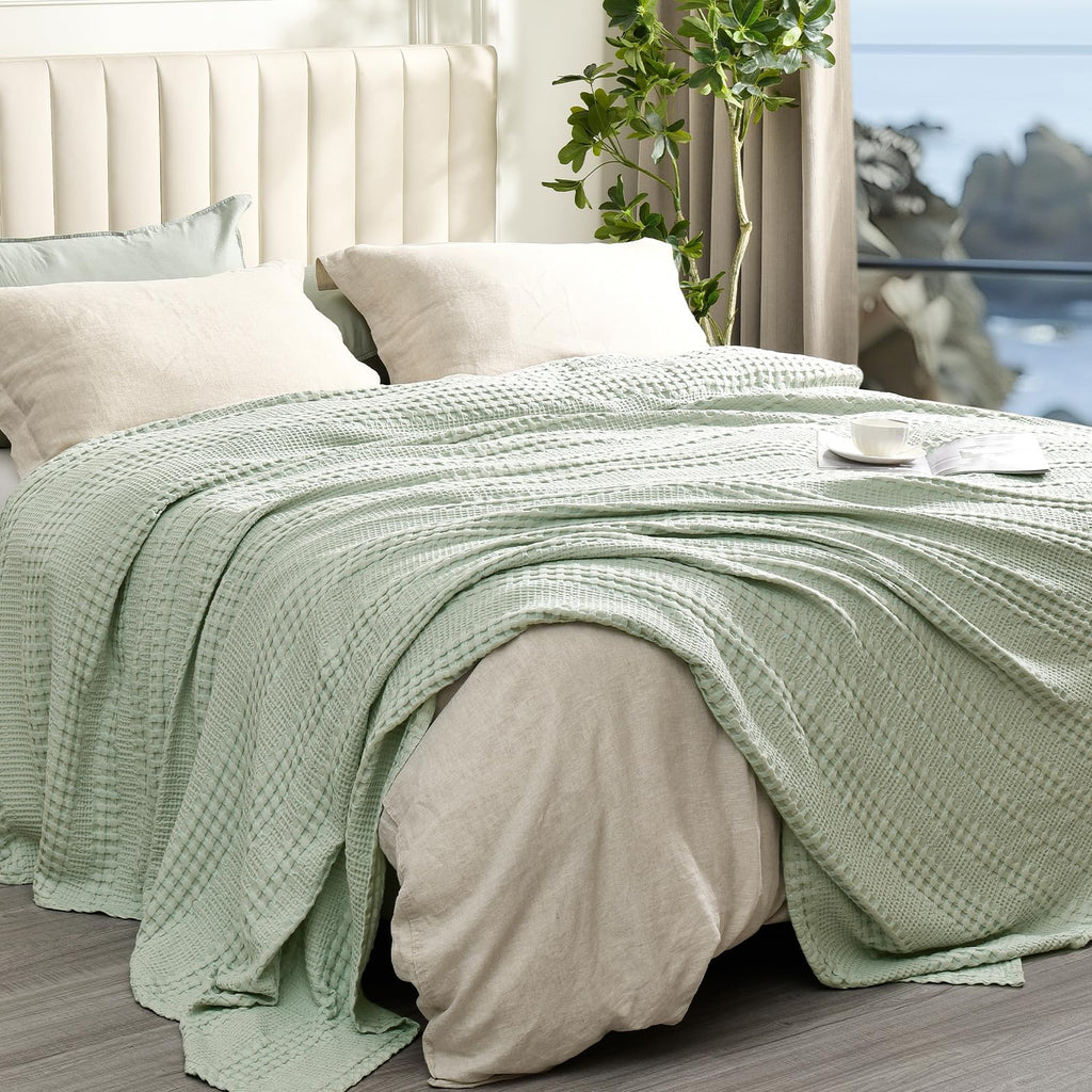Phf Cooling Waffle Blanket King Size, Lightweight 60% Rayon Derived Bamboo & 40% Cotton Breathable Blanket For Hot Sleepers, Soft And Luxury For Bed Couch And Sofa, 104'X90', Mint