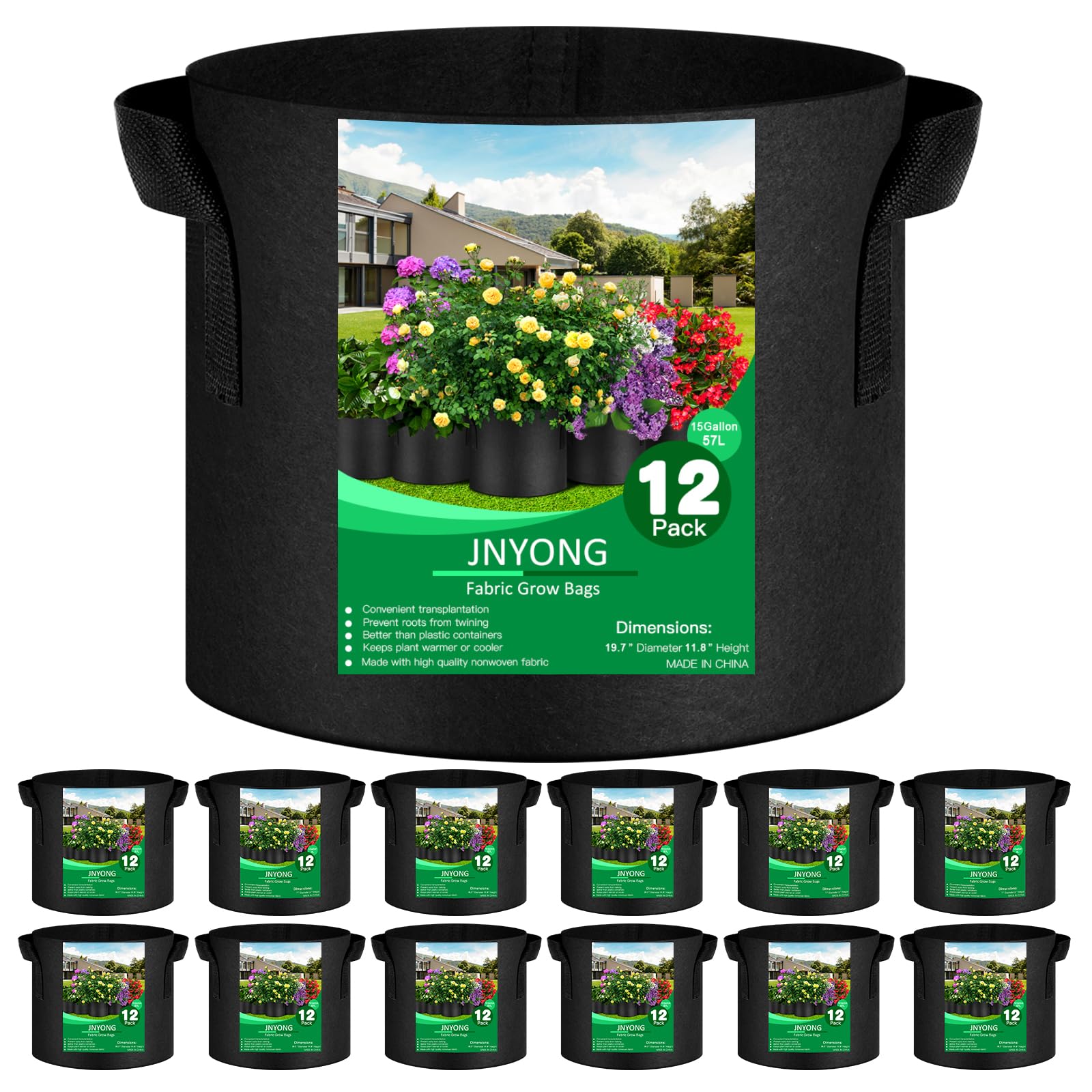 Jnyong 12-Pack 15 Gallon Thickened Non-Woven Grow Bags, Aeration Fabric Pots With Handles(Black)
