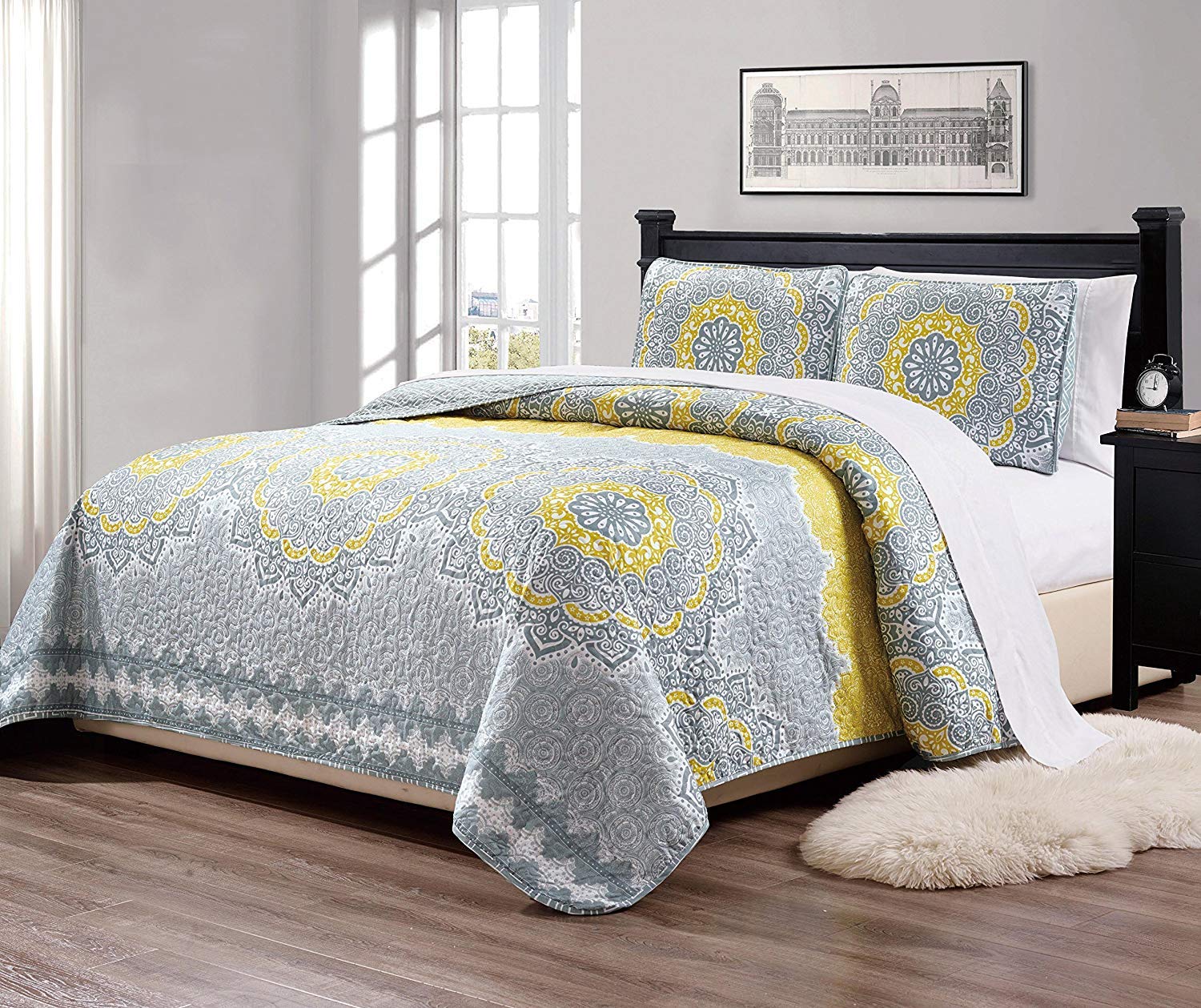 Linen Plus King/California King 3Pc Over Size Quilted Bedspread Floral Medallion Yellow Coastal Plain/Gray Green New