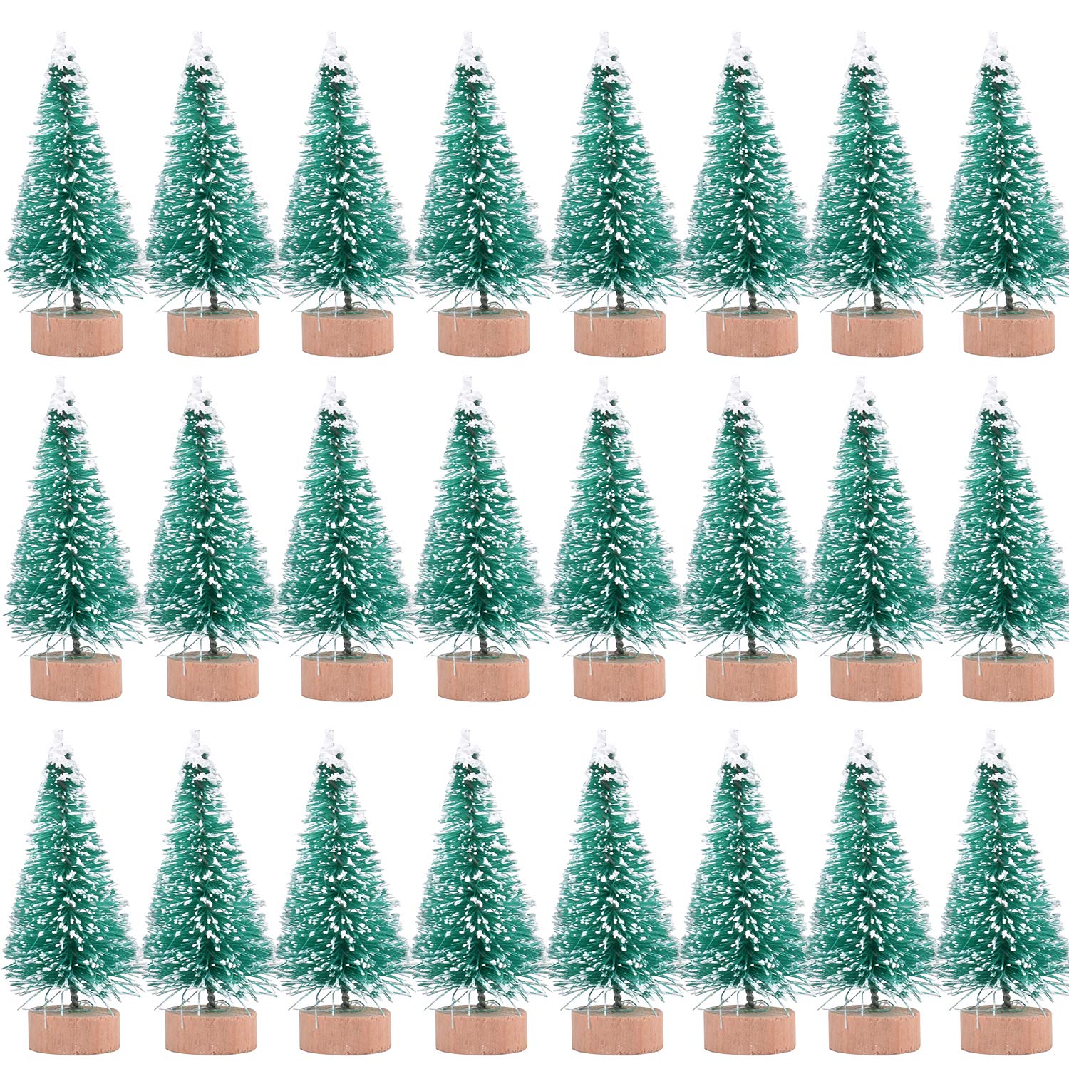24 Pieces Artificial Mini Christmas Sisal Snow Frost Trees with Wood Base Bottle Brush Trees Plastic Winter Snow Ornaments Table