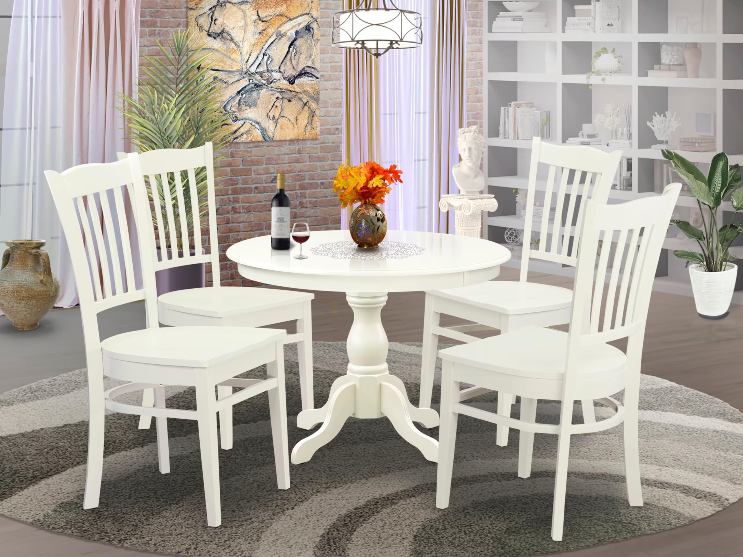 East West Furniture HBGR5-LWH-W 5 Piece Kitchen Table & Chairs Set Includes a Round Dining Room Table with Pedestal and 4 Dining Chairs, 42x42 Inch, Linen White
