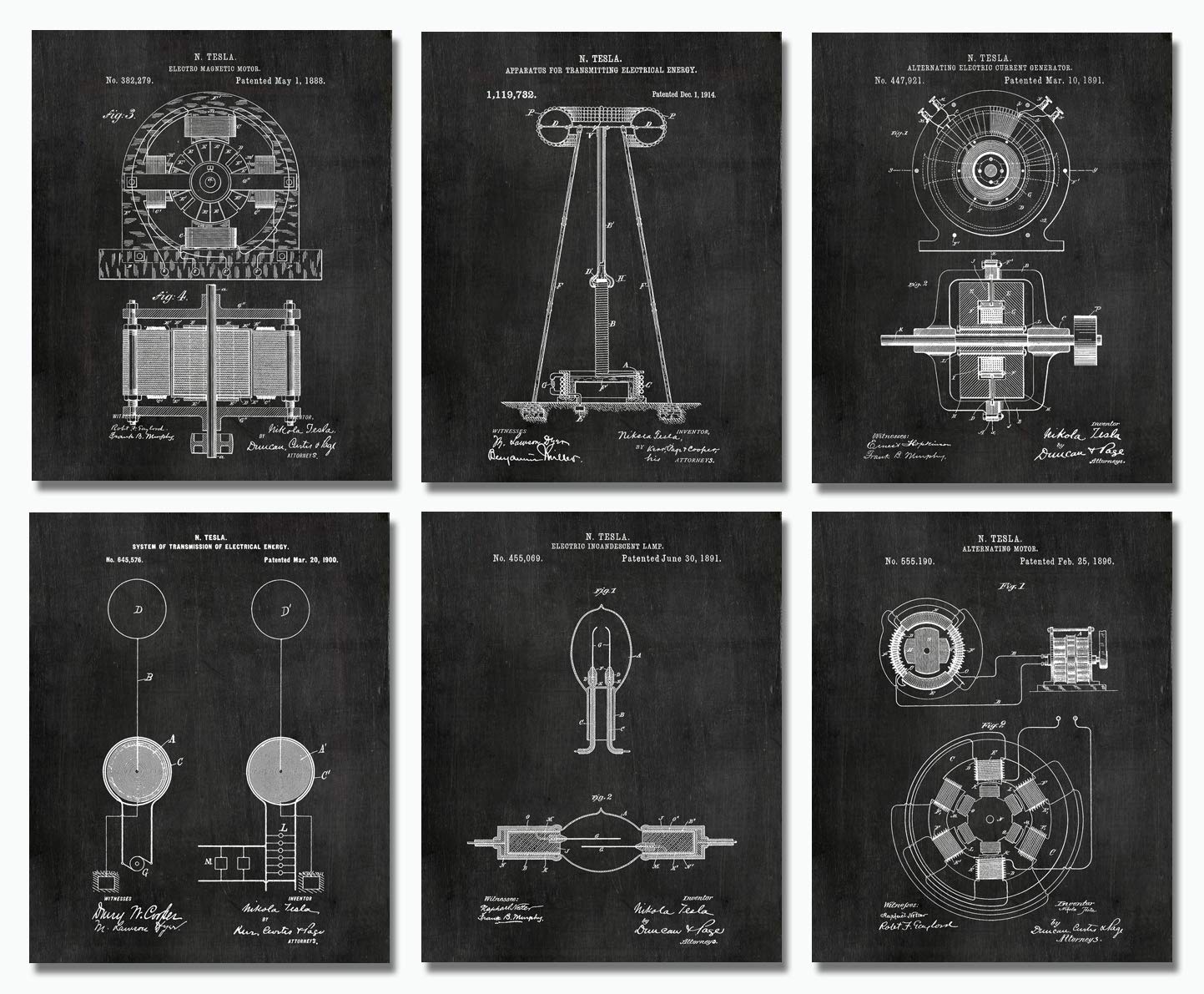 Nikola Tesla Gifts for Engineers - Steampunk Wall Decor SIX (8x10) UNFRAMED Wall Art Patent Prints - Industrial Artwork Home Dec