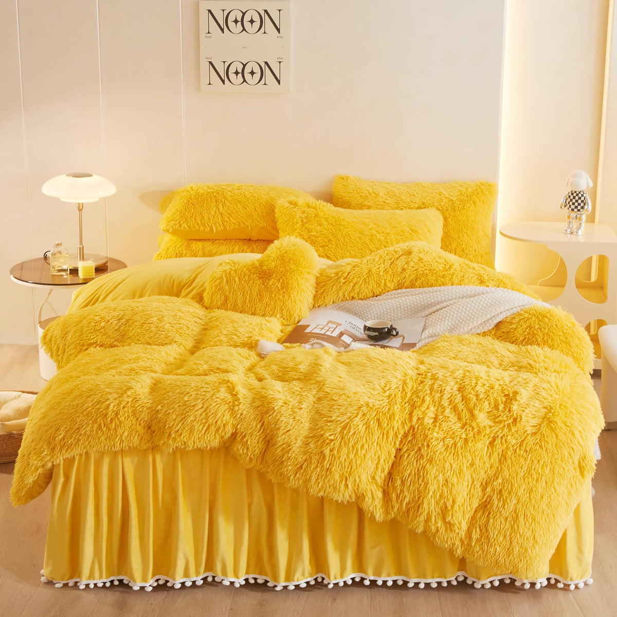 Haihua Fluffy Yellow Comforter Cover Set Queen,Plush Yellow Bedding Sets Queen 3 Pieces(1 Fluffy Duvet Cover +2 Shaggy Pillowcas