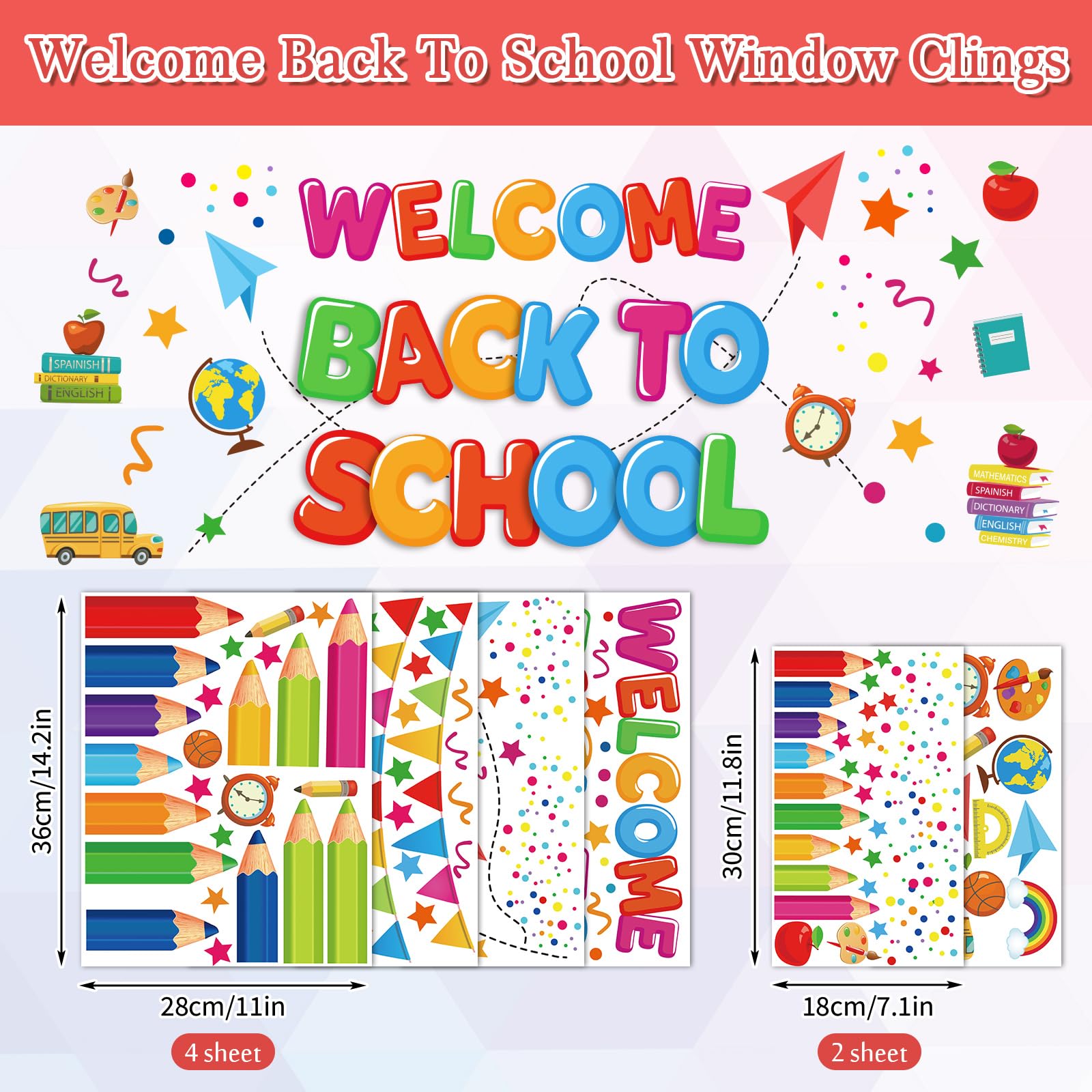 Jarthenaamcs Welcome Back To School Window Clings Flag Banner Colorful Pencils Window Stickers Double Sided Wall Glass Decals Fo