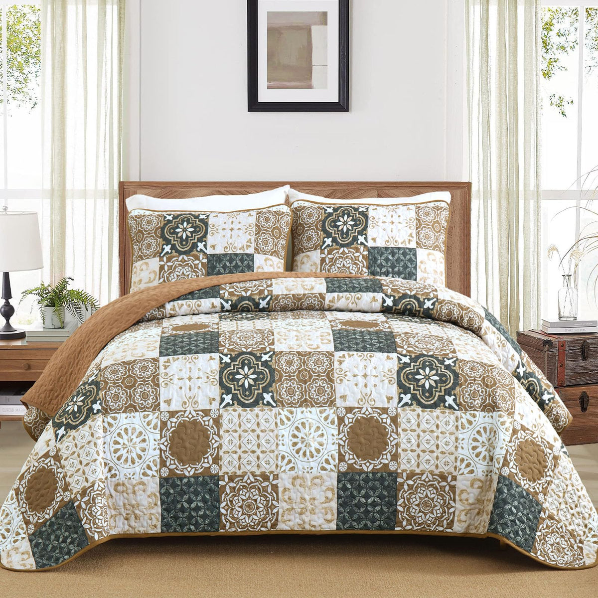 Dobuyly Brown Quilt Set Queen Size, Boho Plaid Patchwork Bedspreads Coverlet Set, 3 Pieces Soft Lightweight Microfiber Quilt Bed
