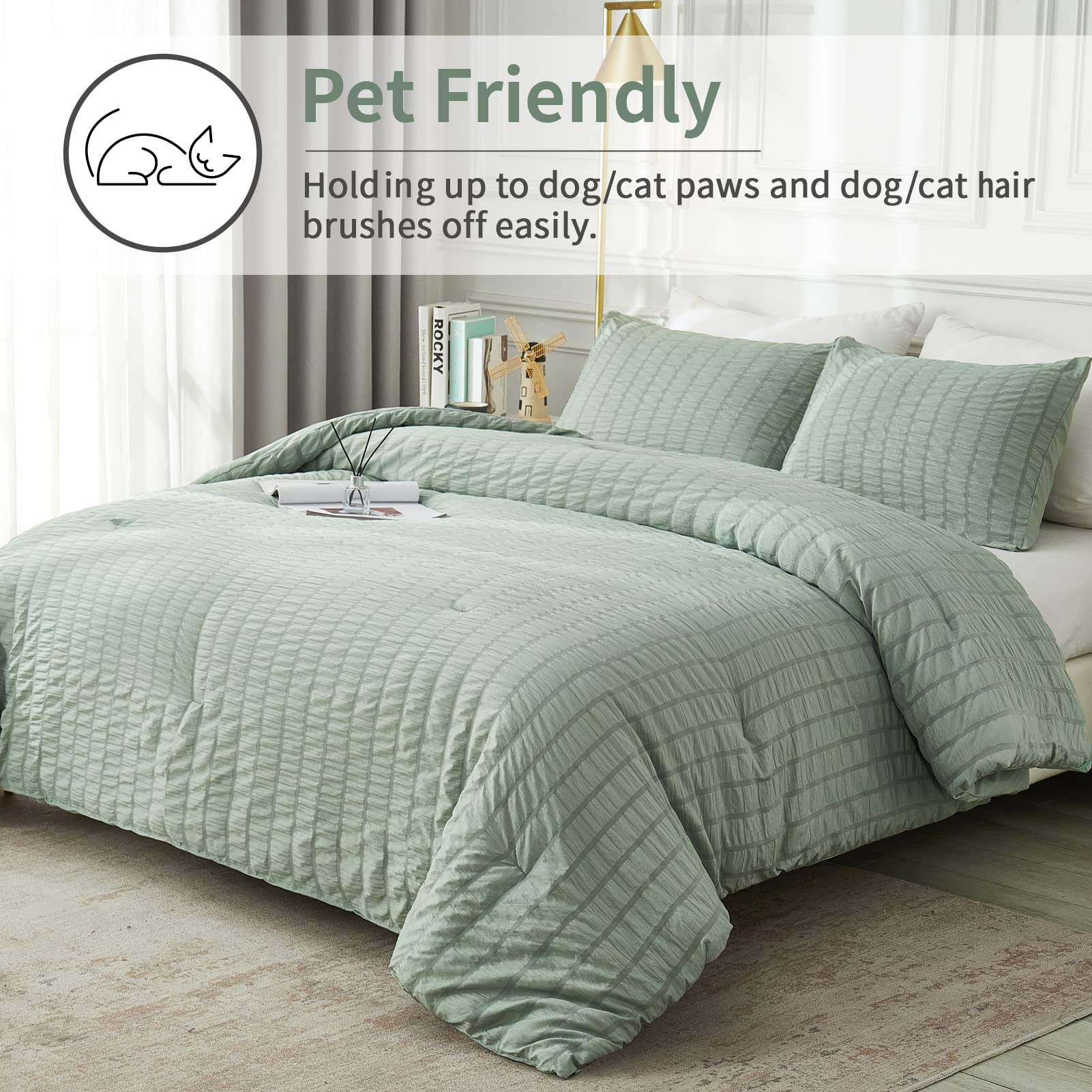 Avelom Sage Green Seersucker Twin/Twin Xl Comforter Set (68X90 Inches), 2 Pieces-100% Soft Microfiber Lightweight Comforter With 1 Pillowcase, All Season Down Alternative Comforter Set For Bedding