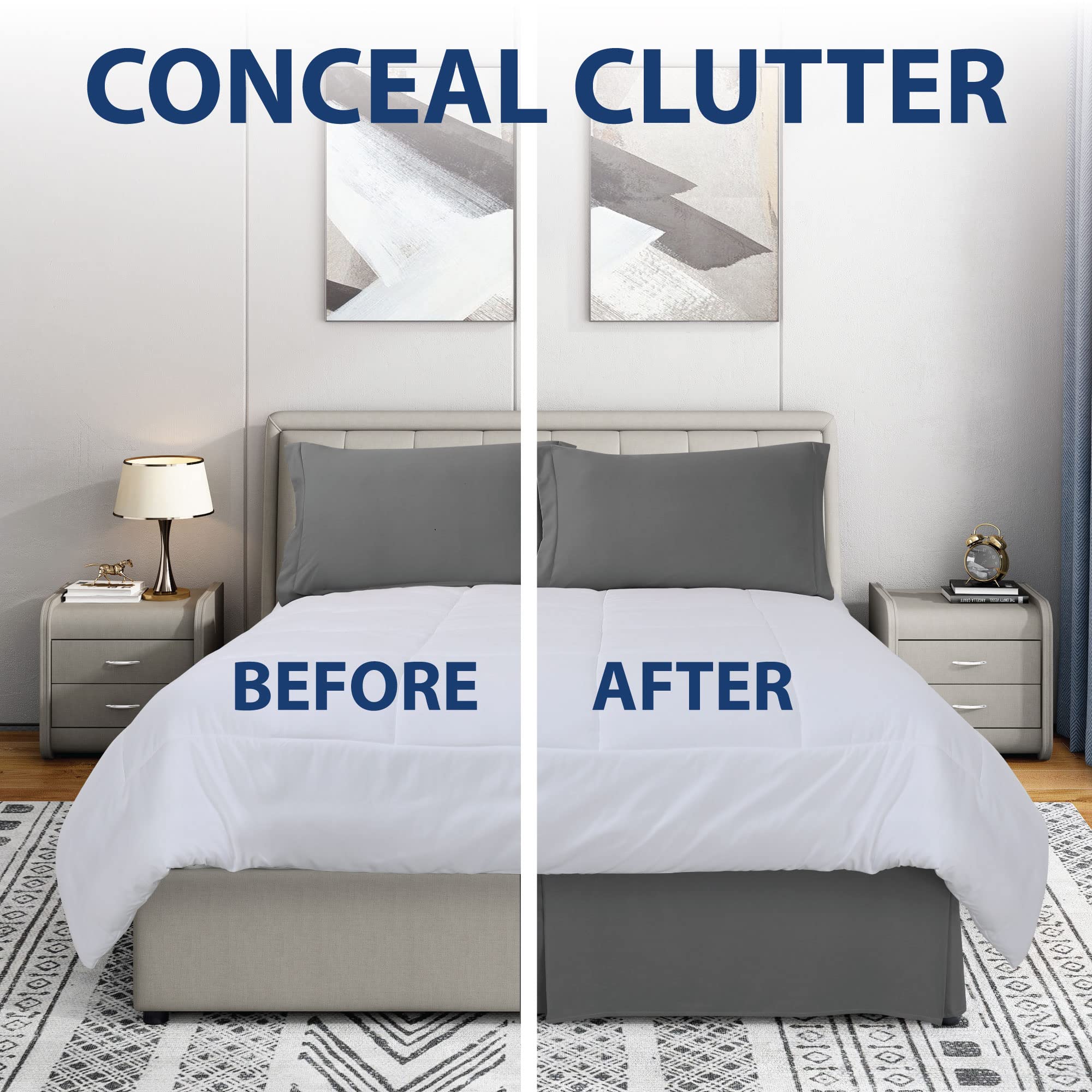 Cathay Home Double Brushed Microfiber Pleated Easy Fit Bed Skirt, Ultra Soft, Fade And Wrinkle Resistant - Gray, California King