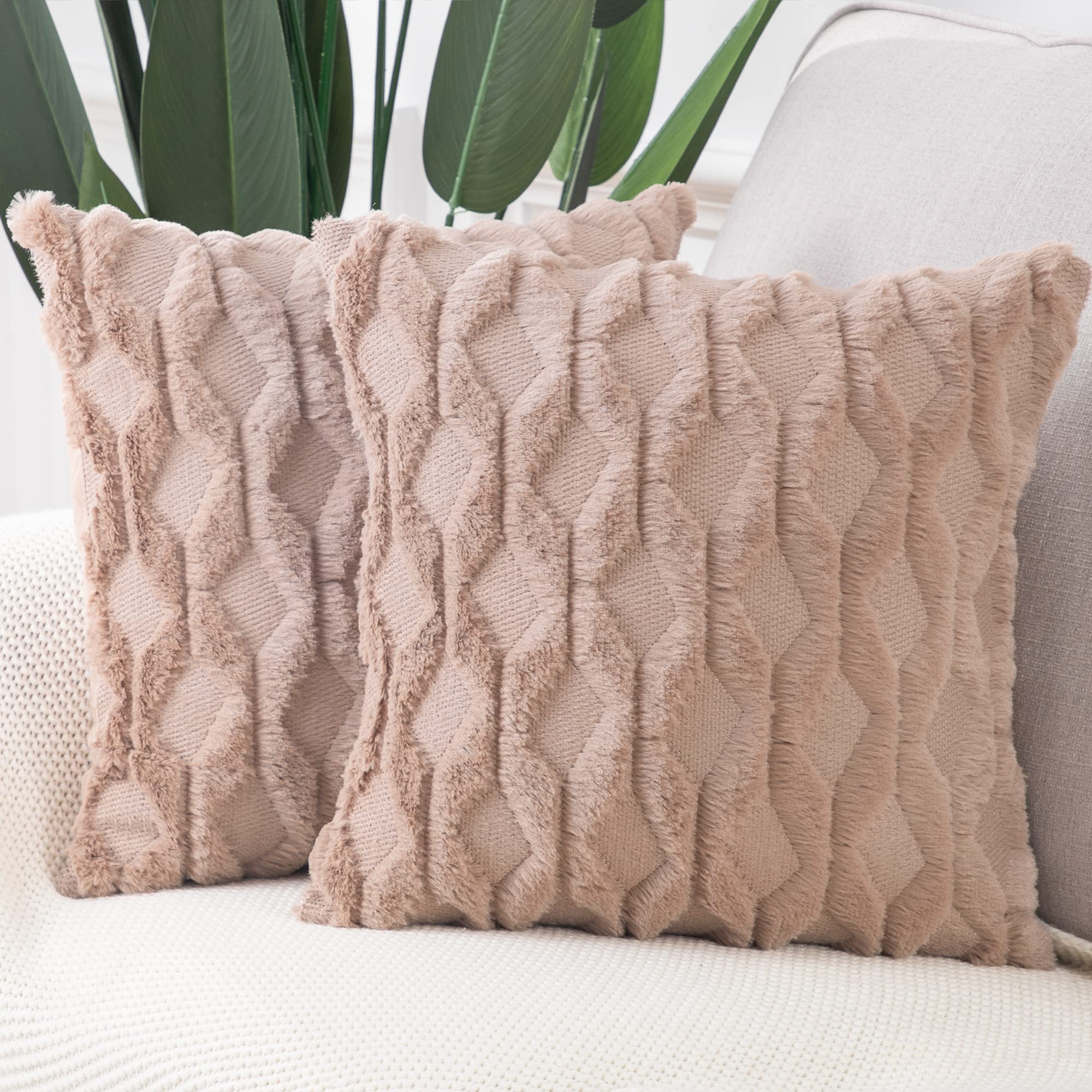 Madizz Set Of 2 Soft Plush Short Wool Velvet Decorative Throw Pillow Covers 24X24 Inch Light Brown Square Luxury Style Cushion C