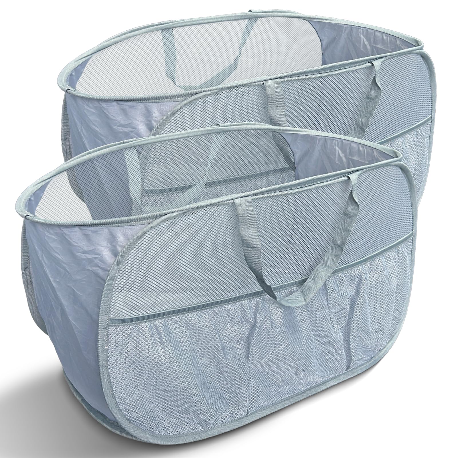 Collapsible Laundry Baskets 2 Pack, Mesh Pop Up Hamper with Handles, Portable Stair Basket, Dorm or Room Folding Bin, Dirty Clot