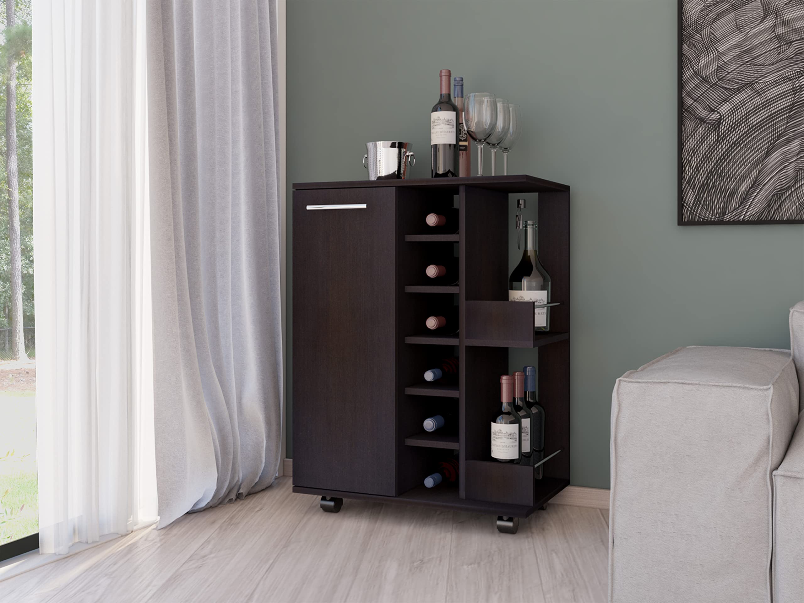 Depot E-Shop Magda Bar Cart with Four Casters, Six Built-in Wine Rack, Single Door Cabinet, and Two External Shelves, Black, Living Room